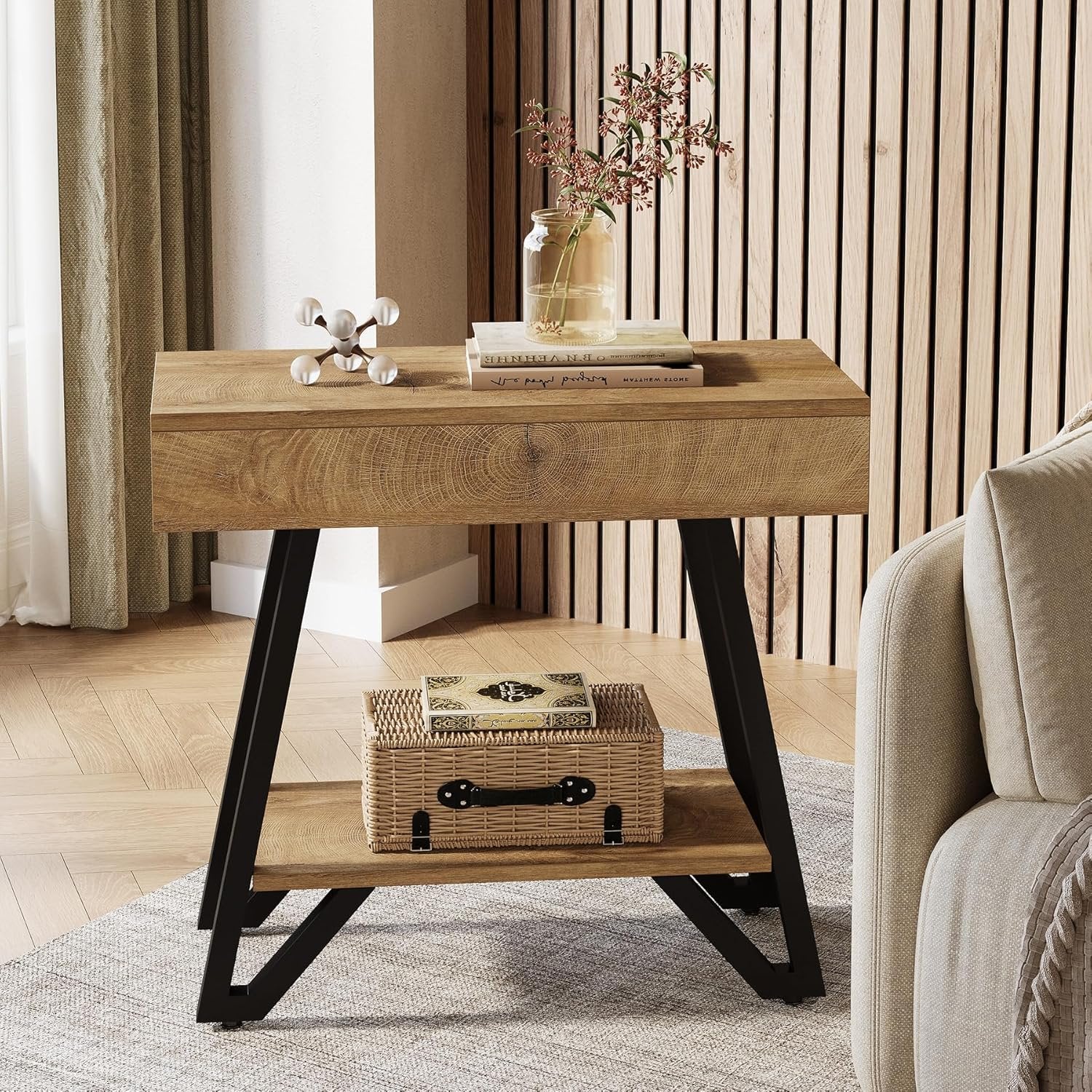 Tribesigns Mesa auxiliar de 60 cm con estante, Mesita de noche de madera natural para espacios pequeños