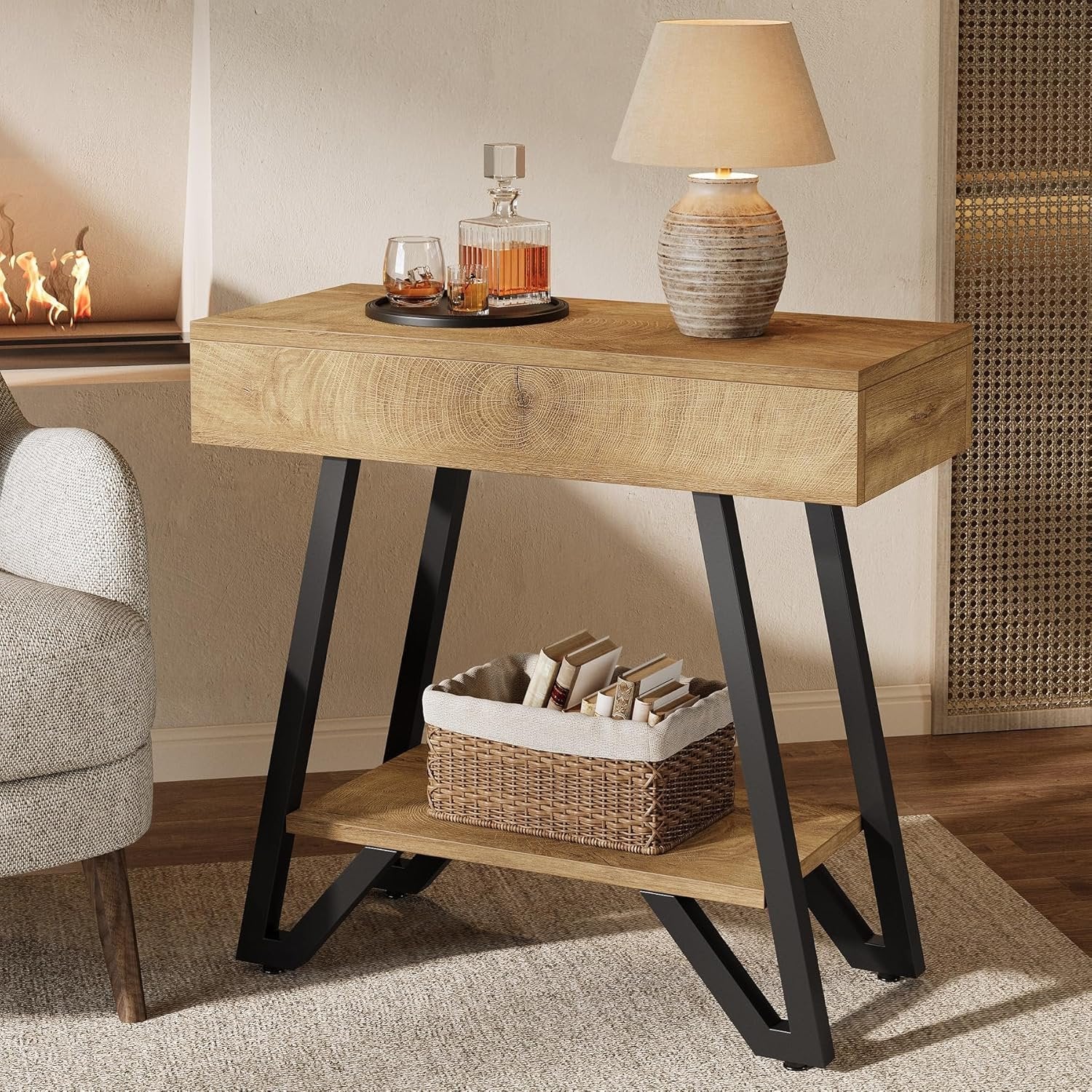 Tribesigns Mesa auxiliar de 60 cm con estante, Mesita de noche de madera natural para espacios pequeños