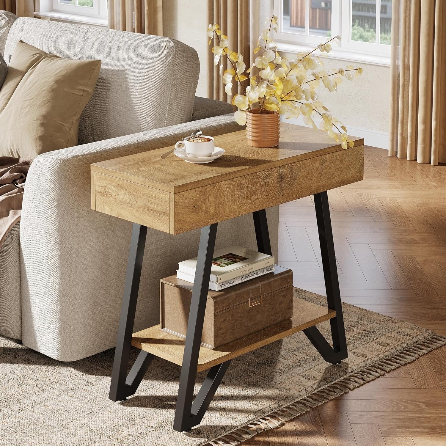Tribesigns Mesa auxiliar de 60 cm con estante, Mesita de noche de madera natural para espacios pequeños