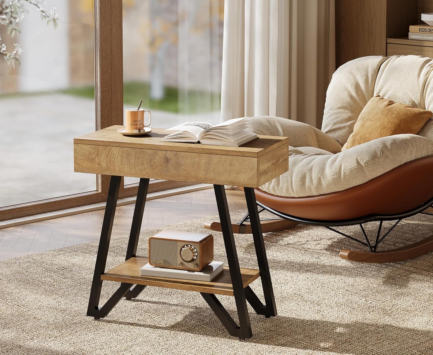 Tribesigns Mesa auxiliar de 60 cm con estante, Mesita de noche de madera natural para espacios pequeños