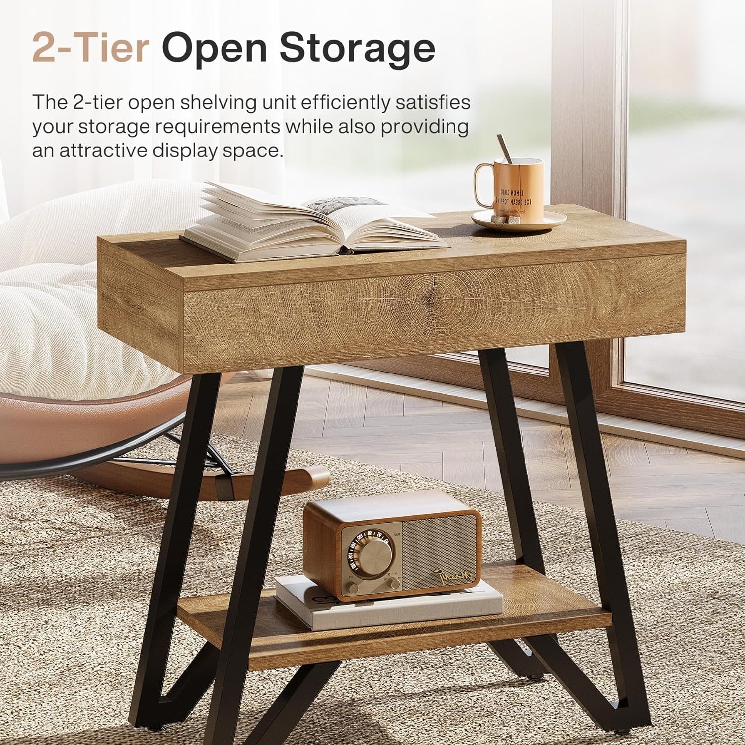 Tribesigns Mesa auxiliar de 60 cm con estante, Mesita de noche de madera natural para espacios pequeños