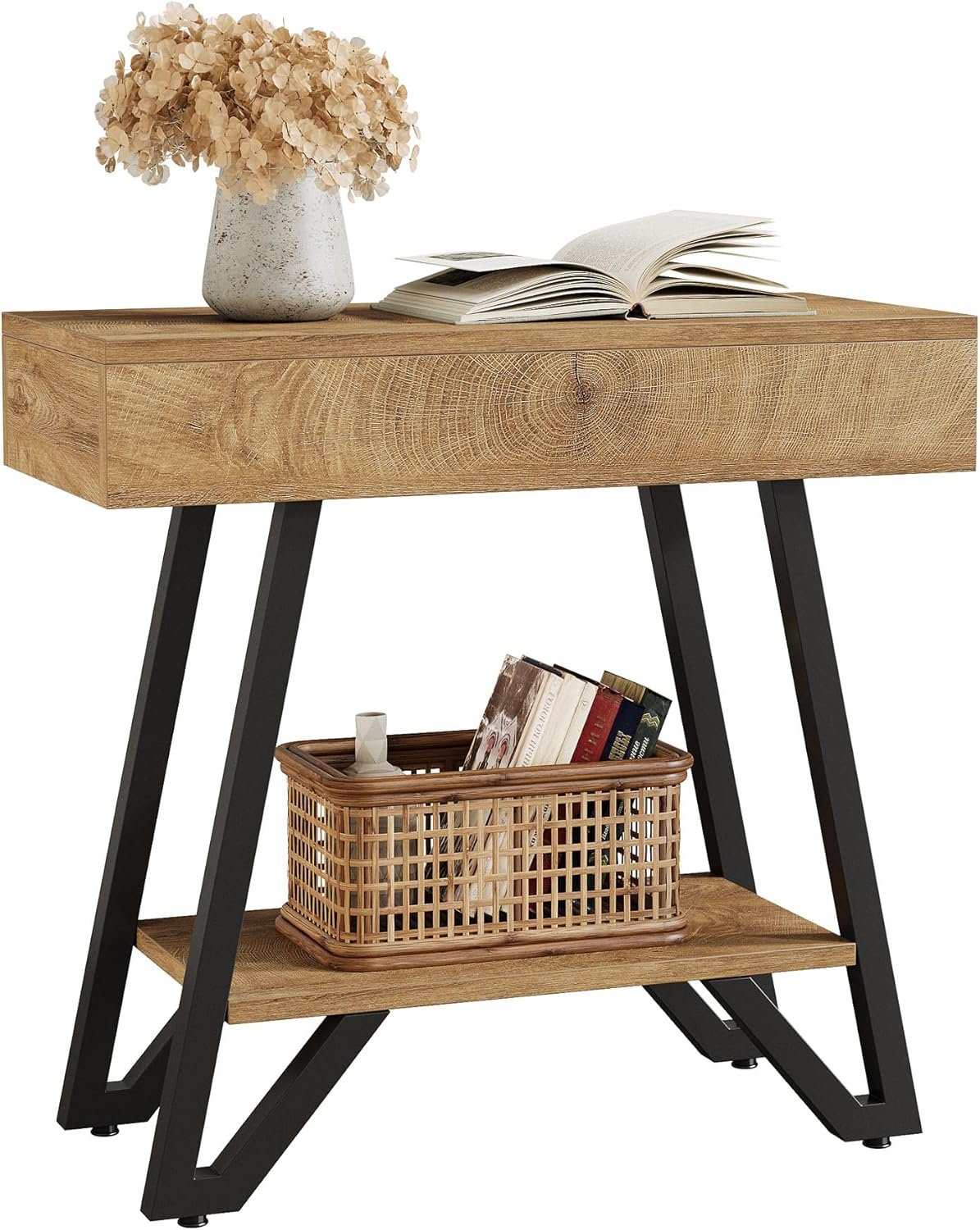 Tribesigns Mesa auxiliar de 60 cm con estante, Mesita de noche de madera natural para espacios pequeños