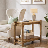 Tribewood Mesa Auxiliar de Madera Maciza, Mesa Auxiliar Sofa de 2 Niveles con Estante de Almacenamiento 3