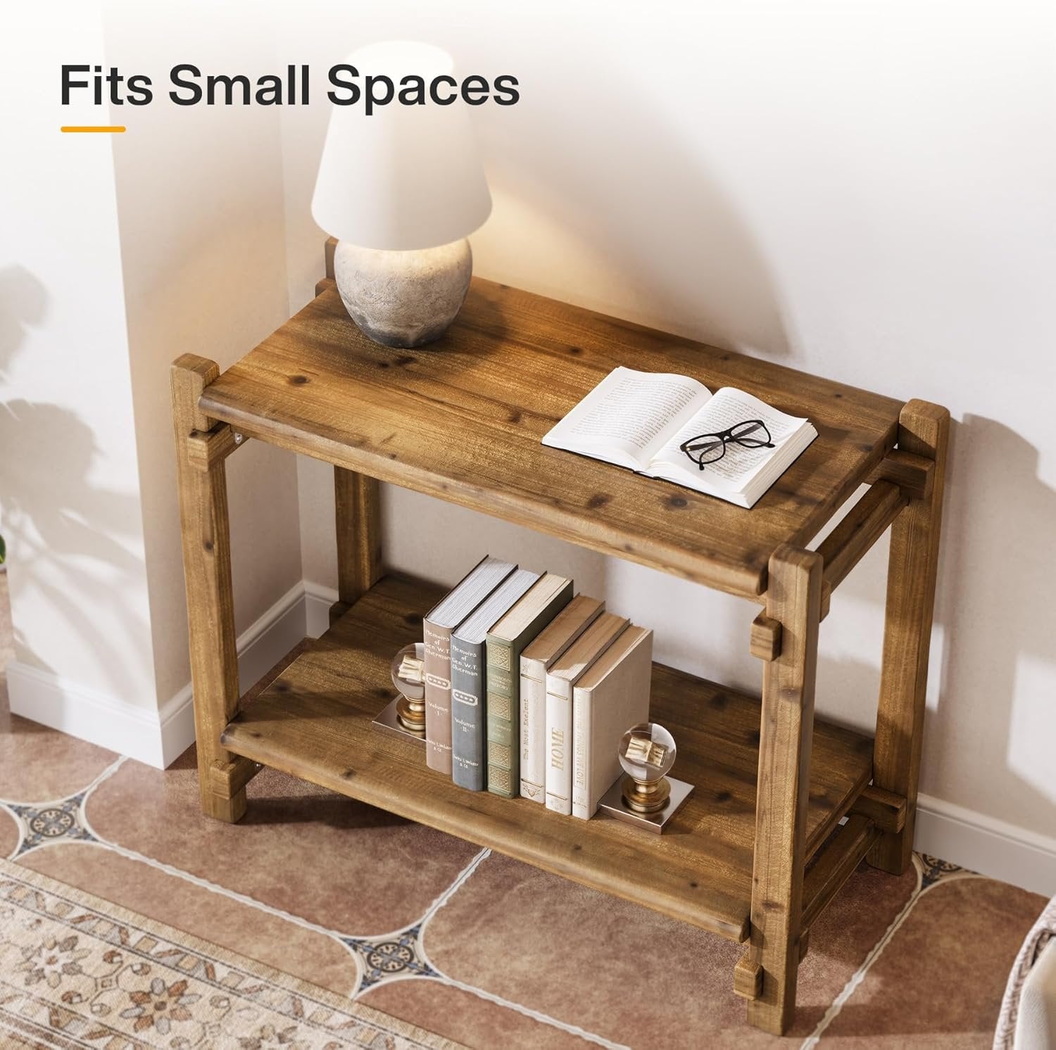 Tribewood Mesa Auxiliar de Madera Maciza, Mesa Auxiliar Sofa de 2 Niveles con Estante de Almacenamiento