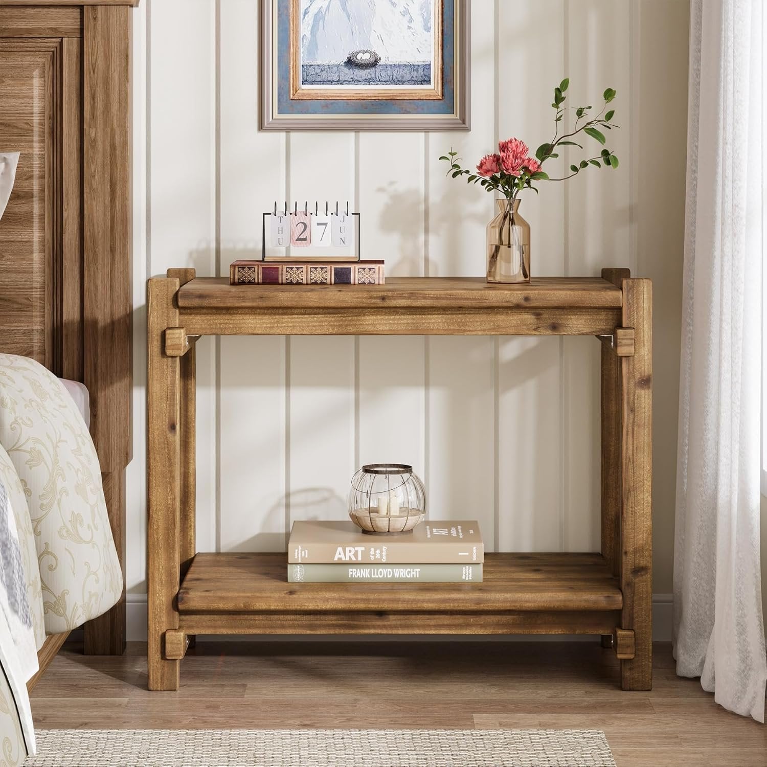 Tribewood Mesa Auxiliar de Madera Maciza, Mesa Auxiliar Sofa de 2 Niveles con Estante de Almacenamiento