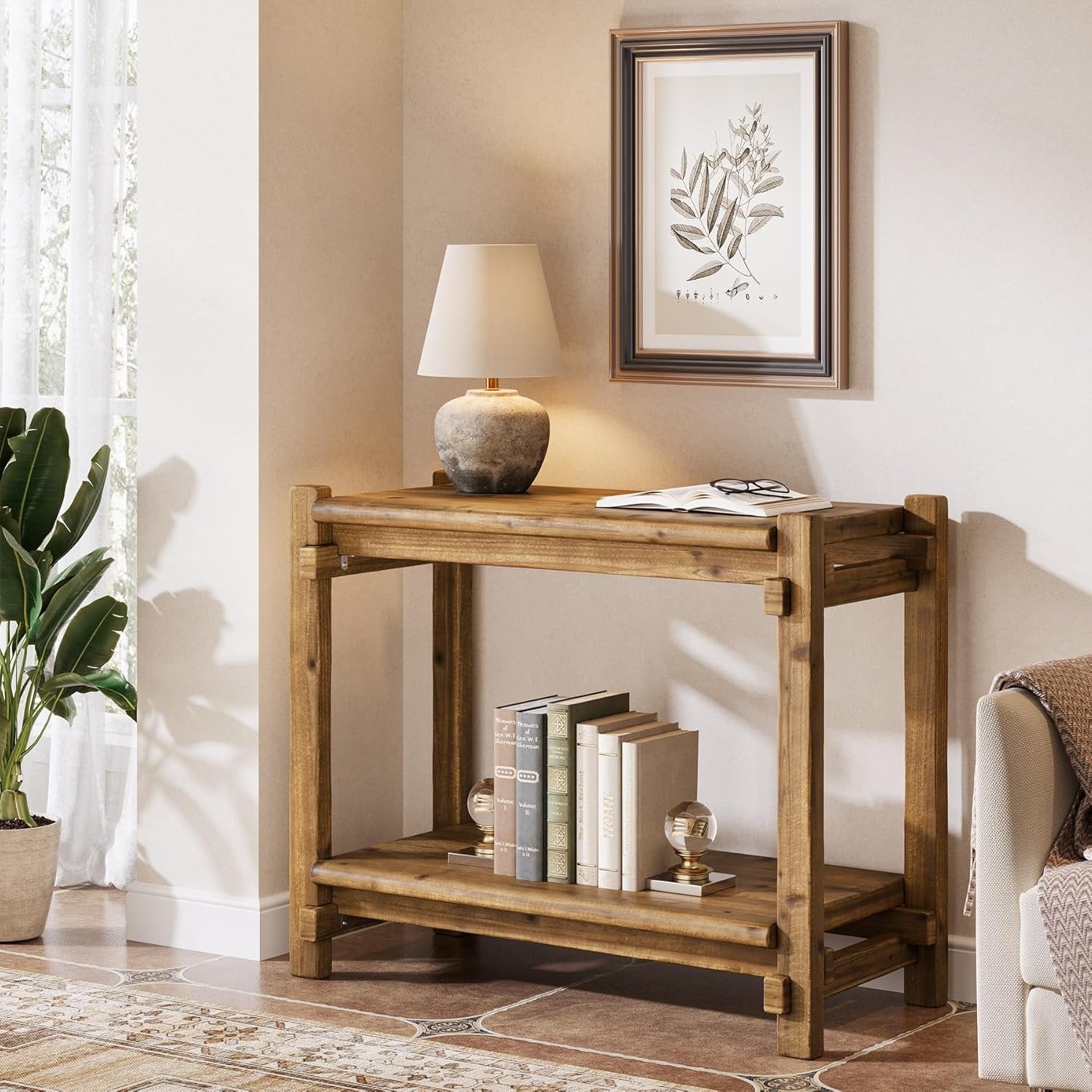 Tribewood Mesa Auxiliar de Madera Maciza, Mesa Auxiliar Sofa de 2 Niveles con Estante de Almacenamiento