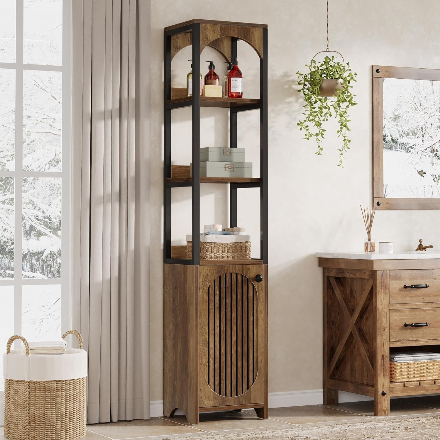 Tribesigns Librería de 6 niveles 180 cm de alto, Librería estrecha con puerta de persiana