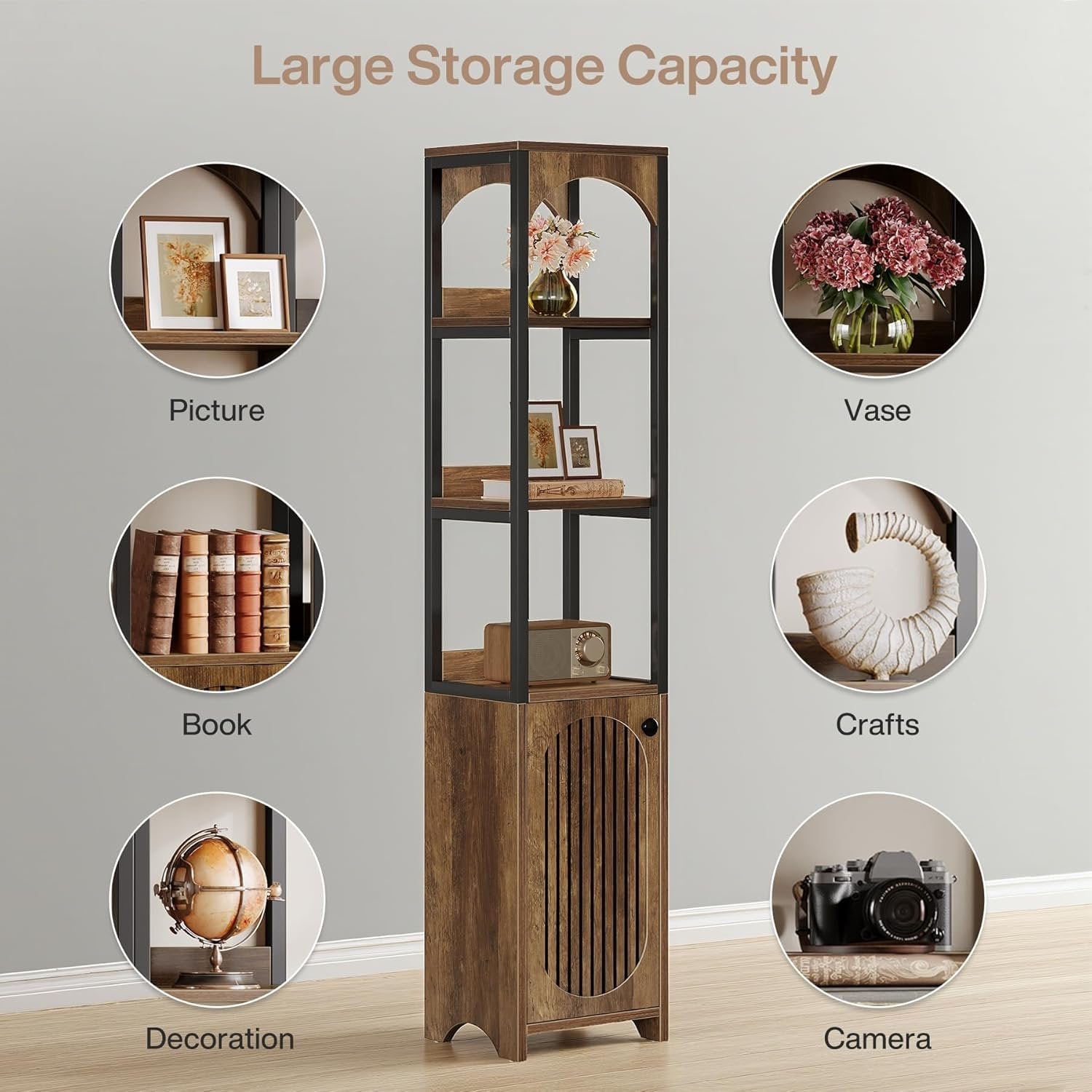 Tribesigns Librería de 6 niveles 180 cm de alto, Librería estrecha con puerta de persiana