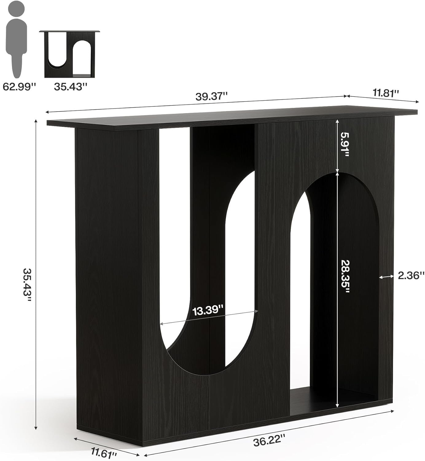 Tribesigns Mesa de centro negra de 90 cm, Consola estrecha para detrás del sofá con diseño curvo