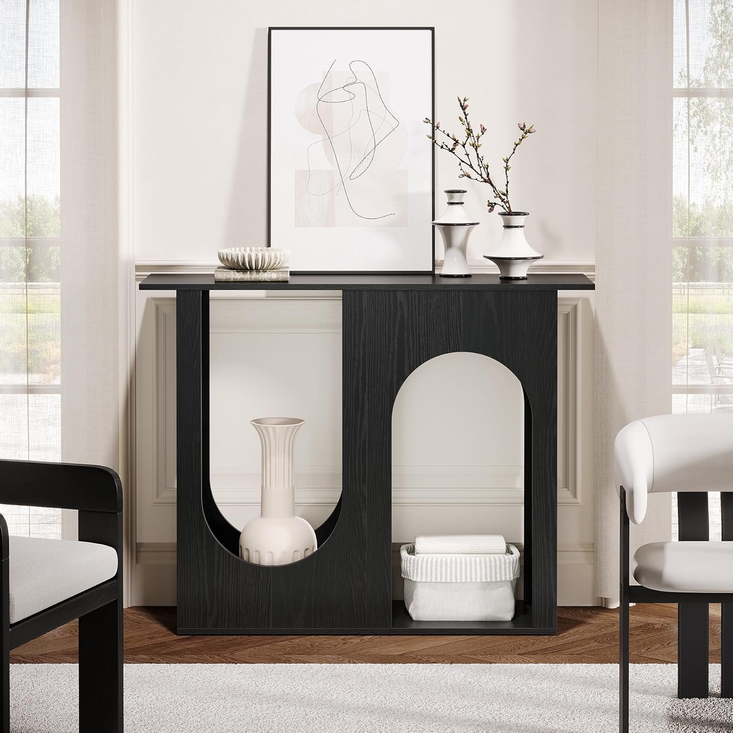 Tribesigns Mesa de centro negra de 90 cm, Consola estrecha para detrás del sofá con diseño curvo