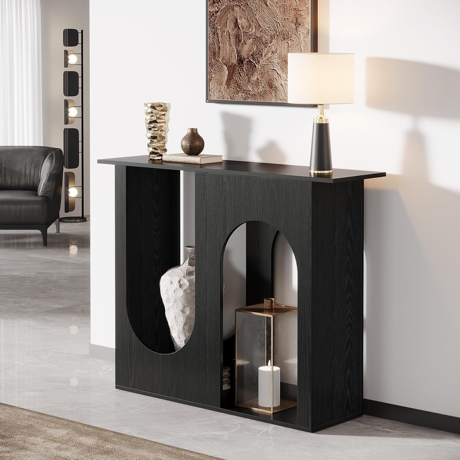 Tribesigns Mesa de centro negra de 90 cm, Consola estrecha para detrás del sofá con diseño curvo