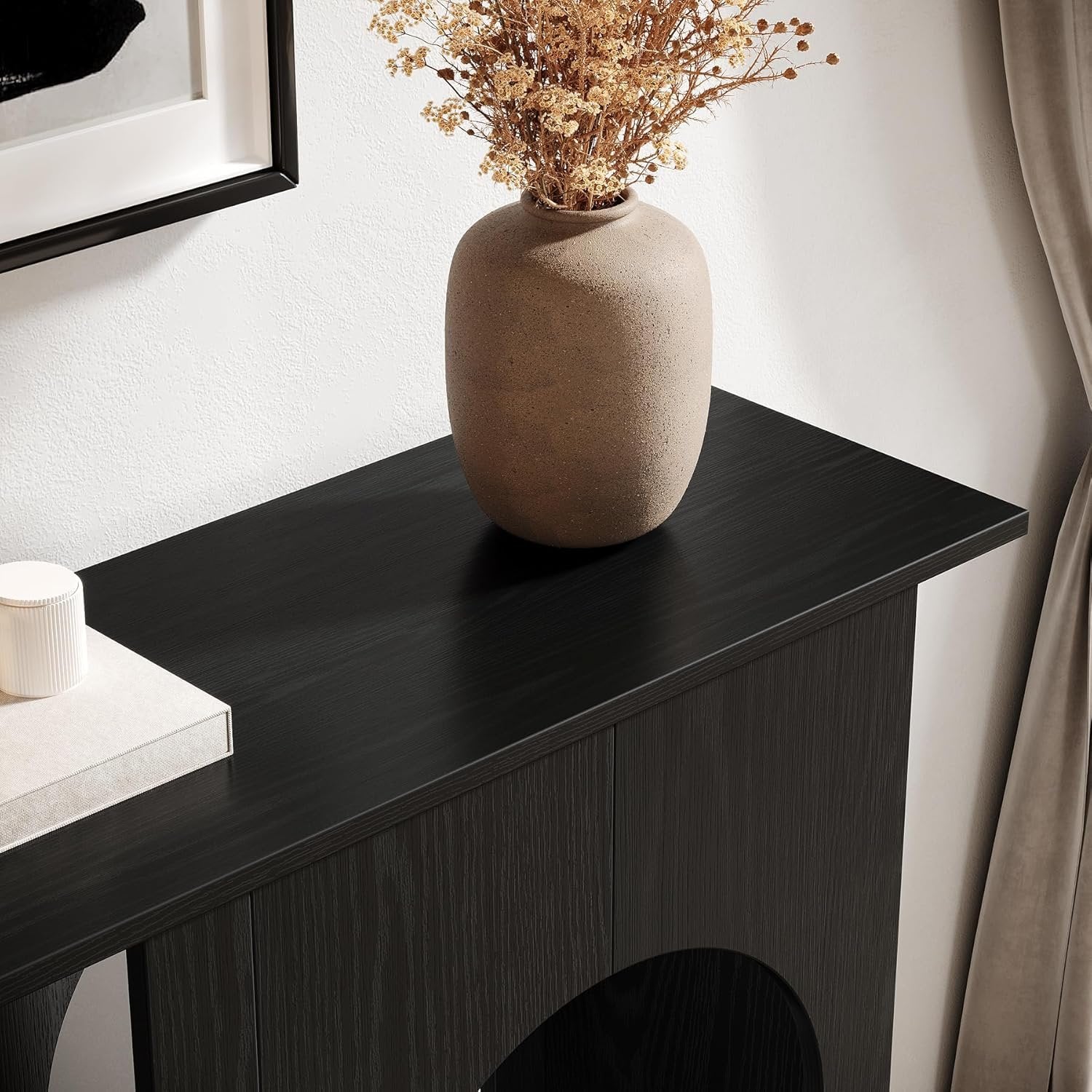 Tribesigns Mesa de centro negra de 90 cm, Consola estrecha para detrás del sofá con diseño curvo