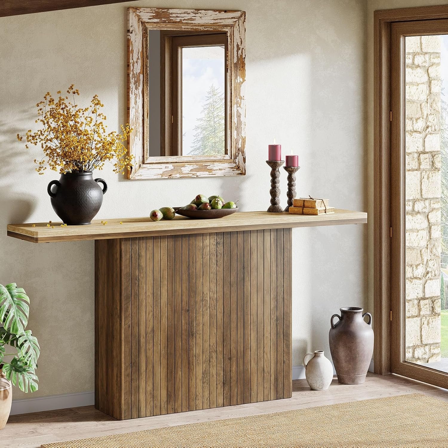Tribesigns Farmhouse Fluted Console Table, Mesa de entrada de madera detrás del sofá para salón