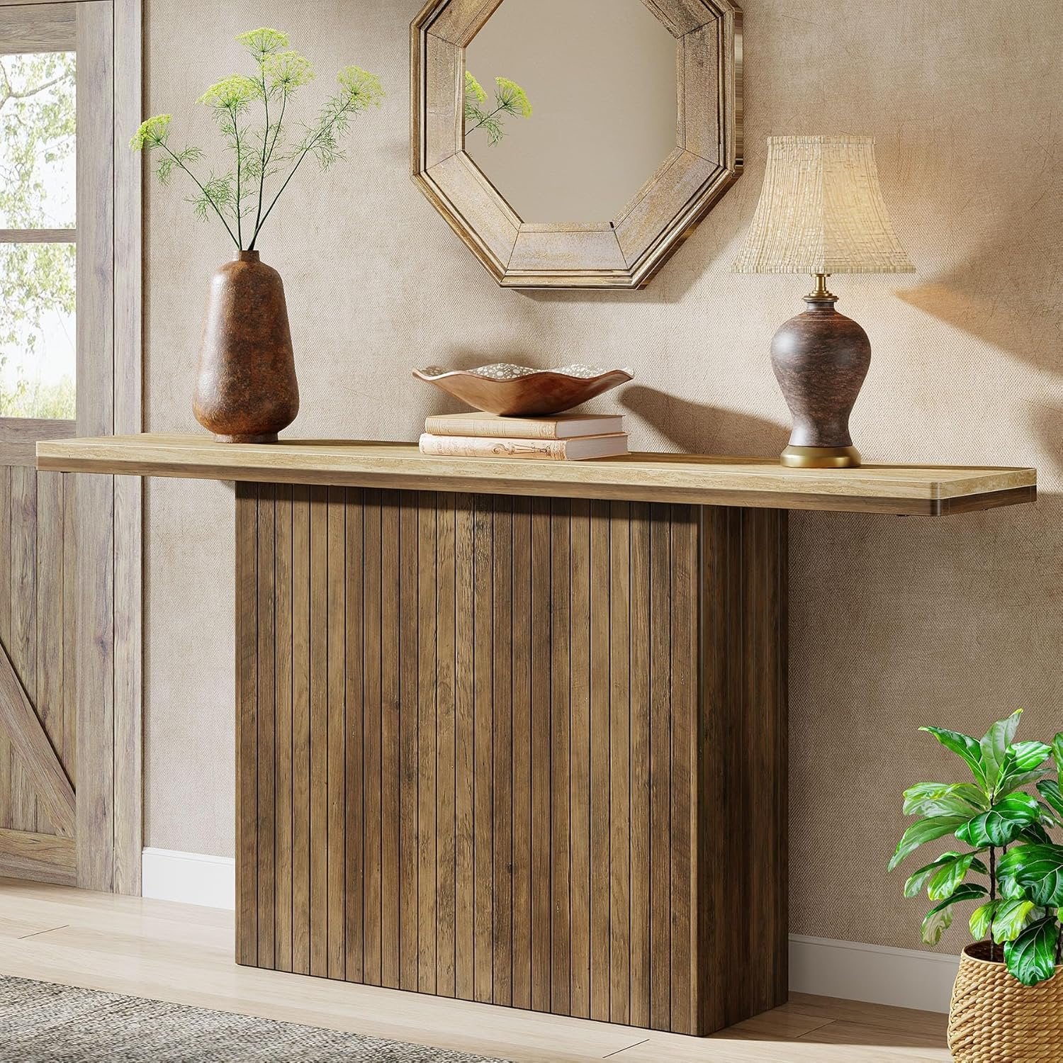 Tribesigns Farmhouse Fluted Console Table, Mesa de entrada de madera detrás del sofá para salón