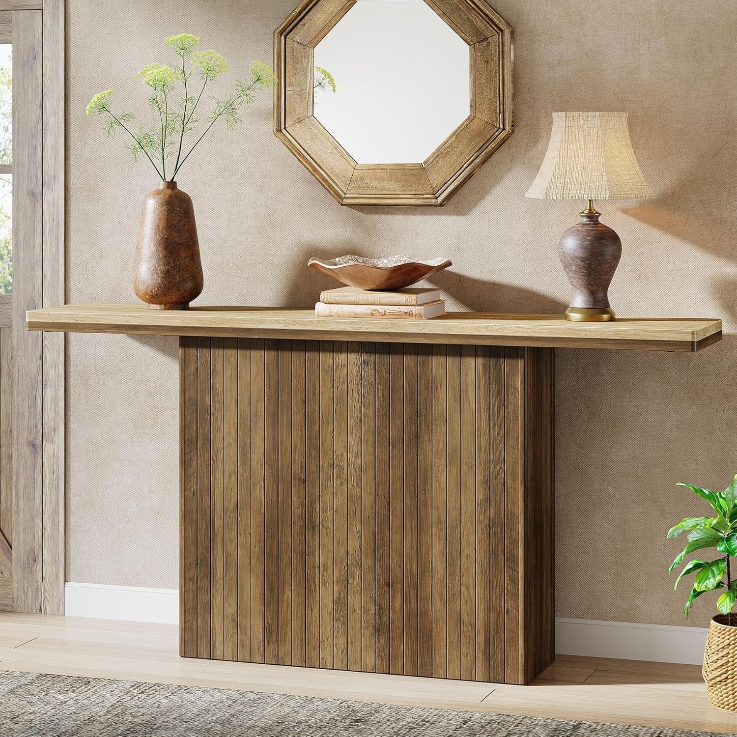 Tribesigns Farmhouse Fluted Console Table, Mesa de entrada de madera detrás del sofá para salón