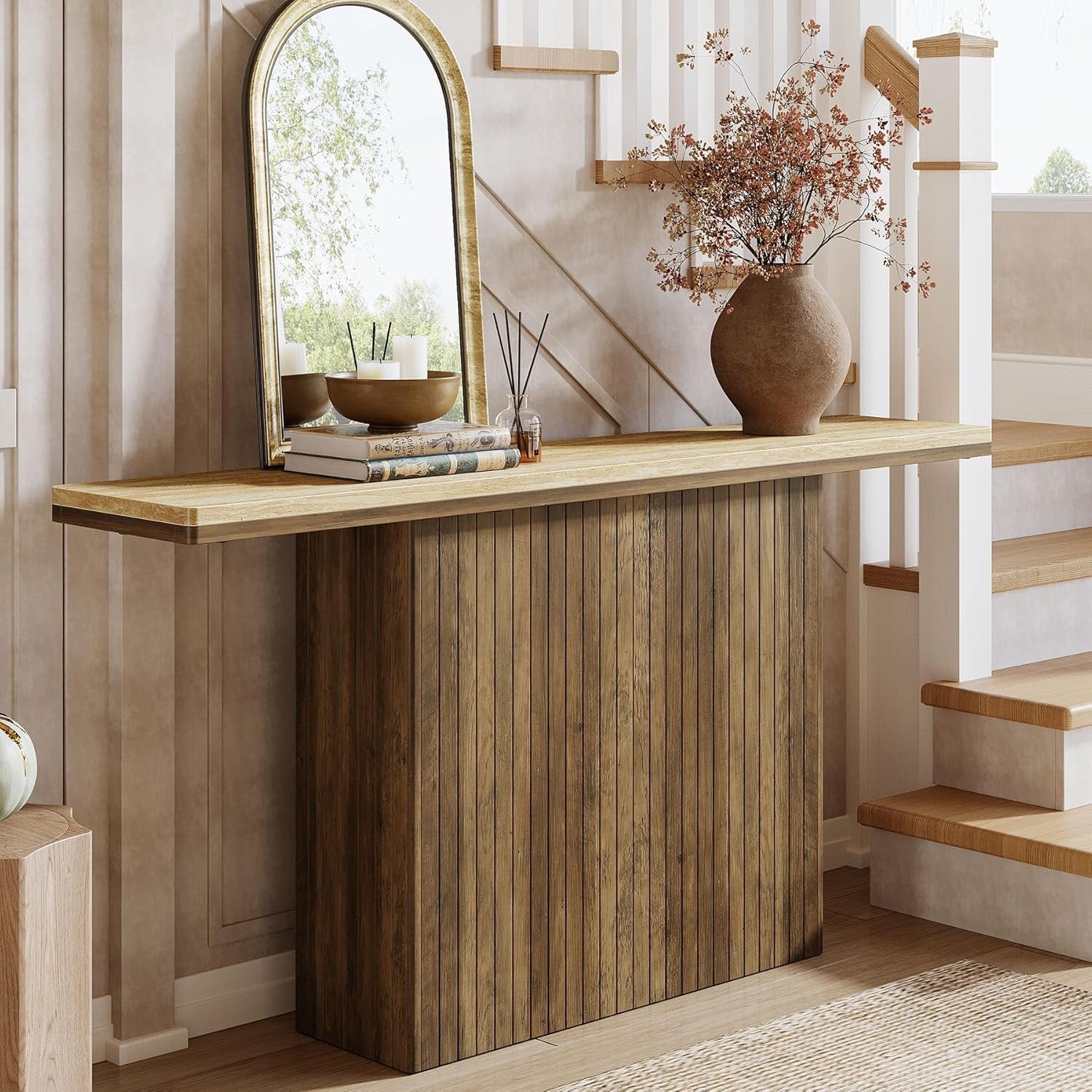Tribesigns Farmhouse Fluted Console Table, Mesa de entrada de madera detrás del sofá para salón