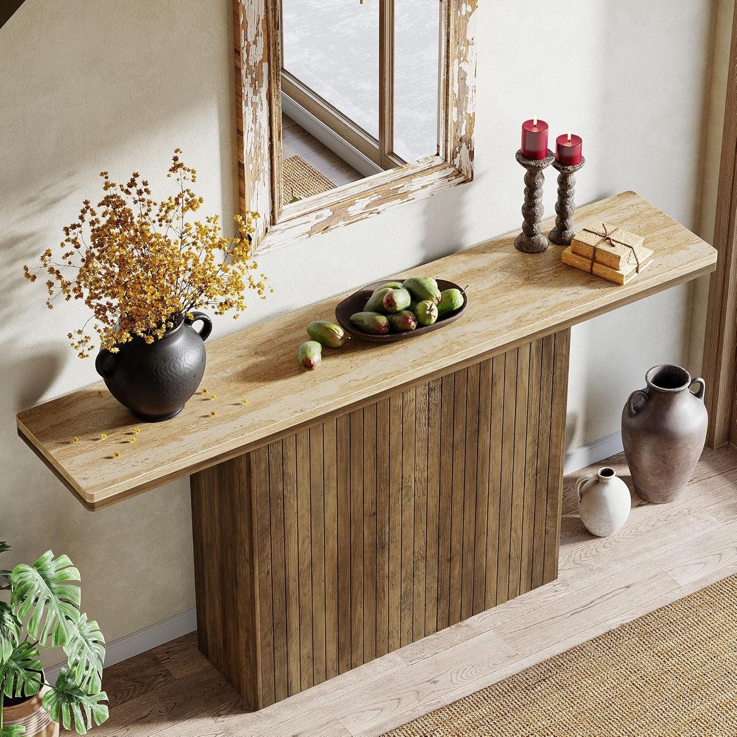 Tribesigns Farmhouse Fluted Console Table, Mesa de entrada de madera detrás del sofá para salón