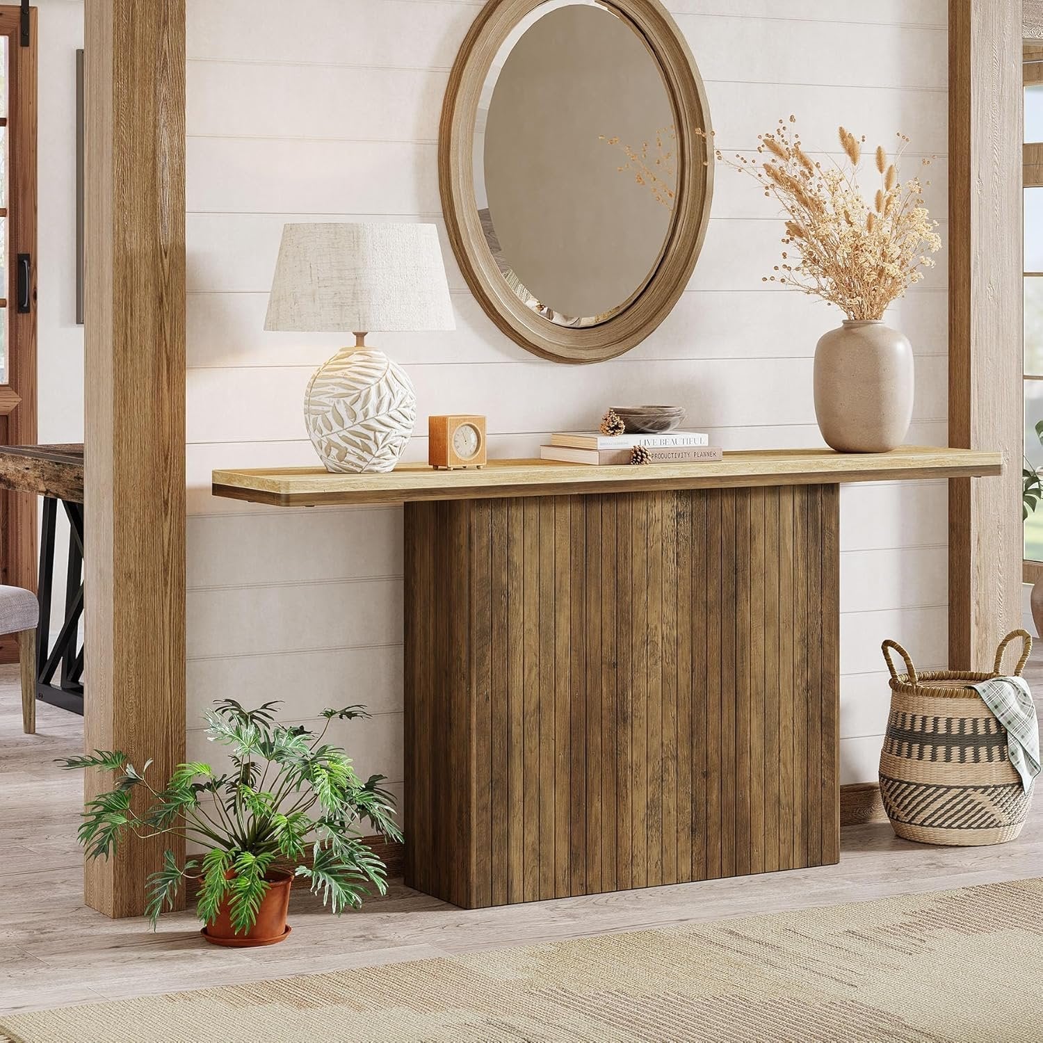 Tribesigns Farmhouse Fluted Console Table, Mesa de entrada de madera detrás del sofá para salón