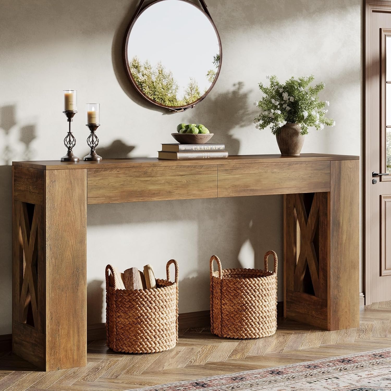 Tribesigns Consola de estilo rústico de 160 cm, Mesa de recibidor estrecha con 2 cajones y diseño de patas en X