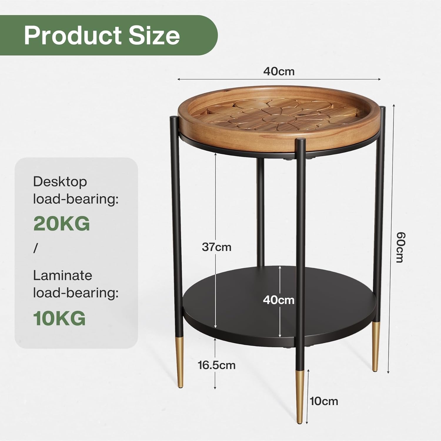 TRIBEWOOD Mesa auxiliar redonda, Mesa auxiliar de 2 niveles fabricada en madera maciza y metal