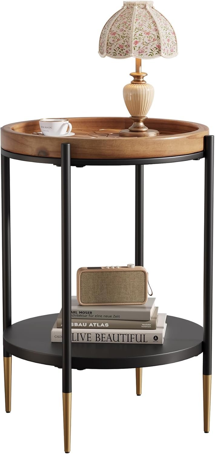 TRIBEWOOD Mesa auxiliar redonda, Mesa auxiliar de 2 niveles fabricada en madera maciza y metal