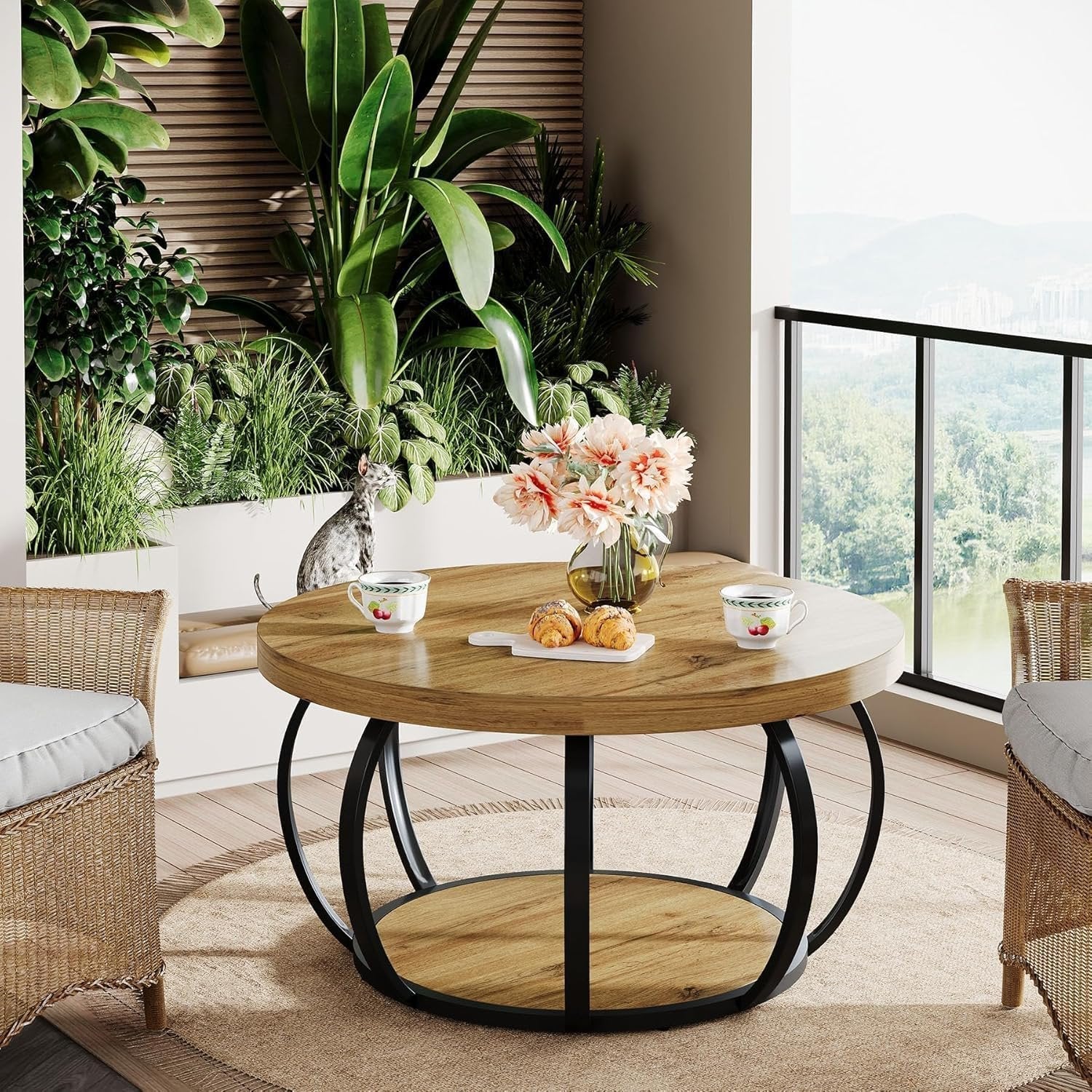 Tribesigns Mesa de centro redonda, Mesa de centro circular industrial de 2 niveles con estantes de almacenamiento