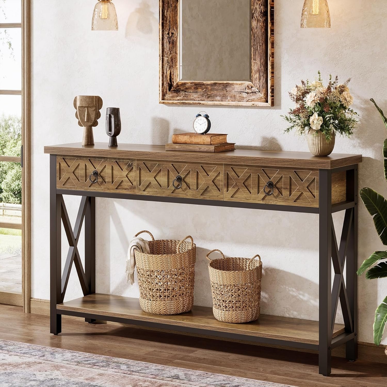 Tribesigns Muebles Entrada Consola 140×30×85 cm con 3 Cajones, Mesa Consola Estrecha Rústica con Estantes