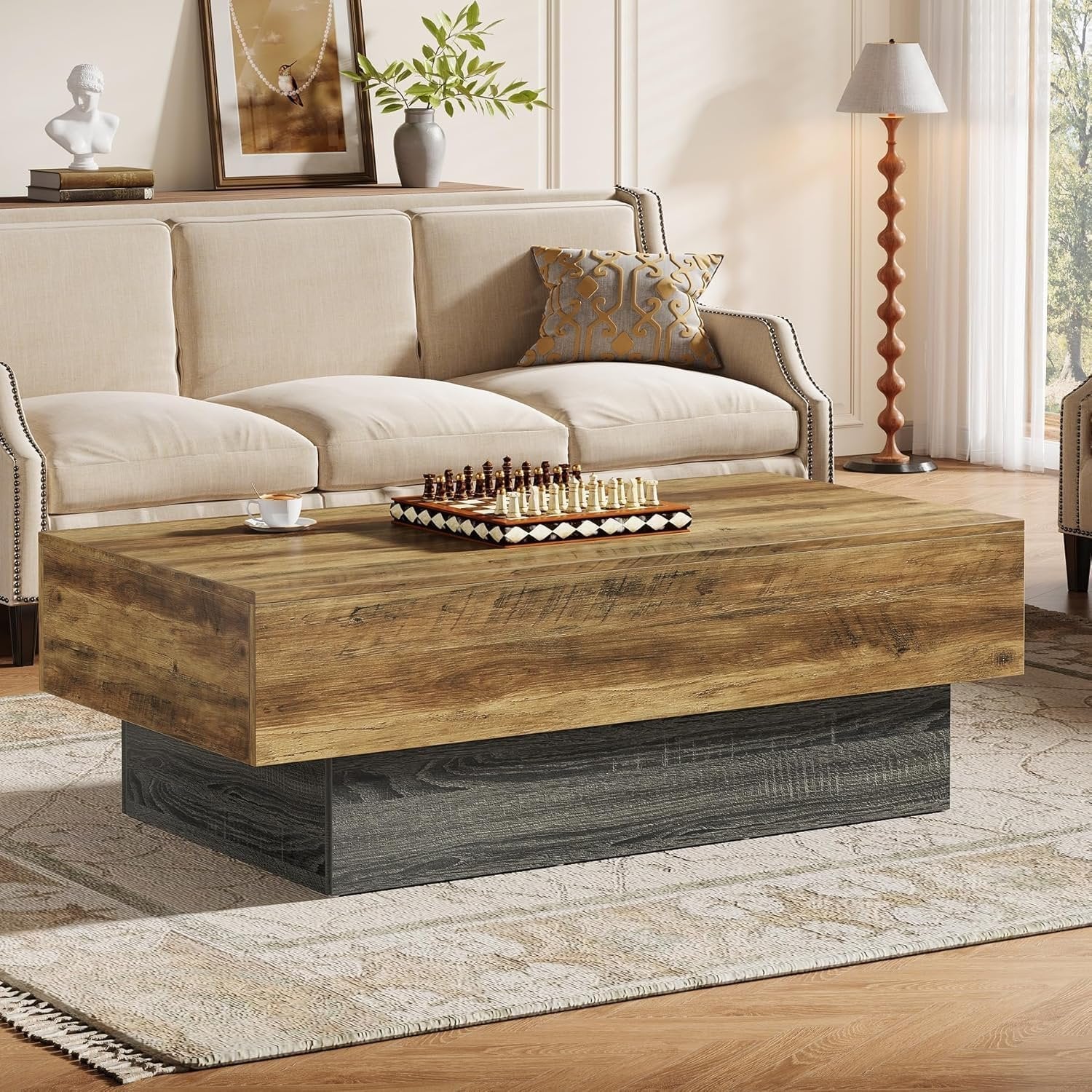 Tribesigns Mesa de centro de madera rústica de 140 cm rectangular, Mesa de té grande con estructura gris
