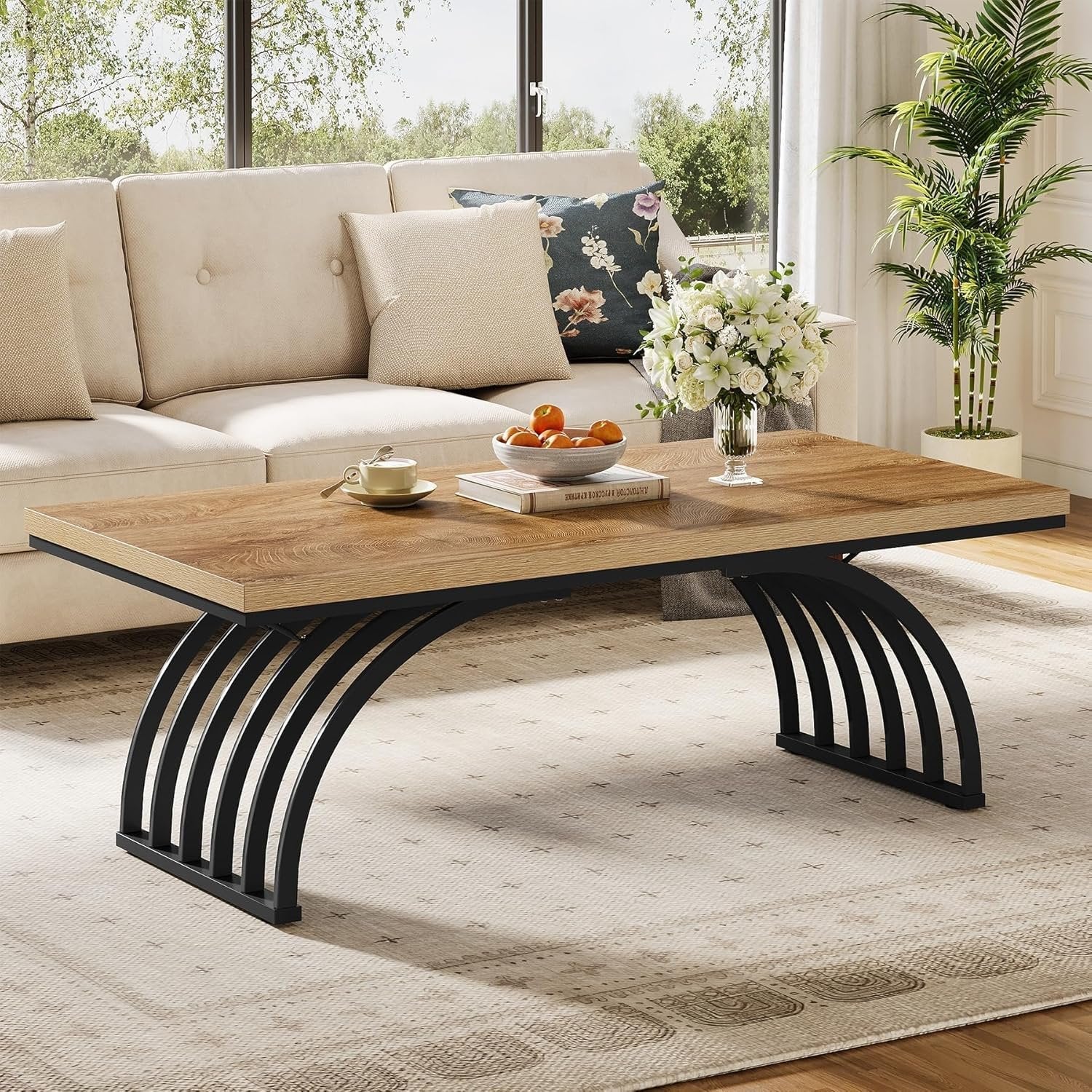Tribesigns Mesa de centro de 120 cm, Mesa de centro industrial con patas metálicas Mesa auxiliar moderna de madera