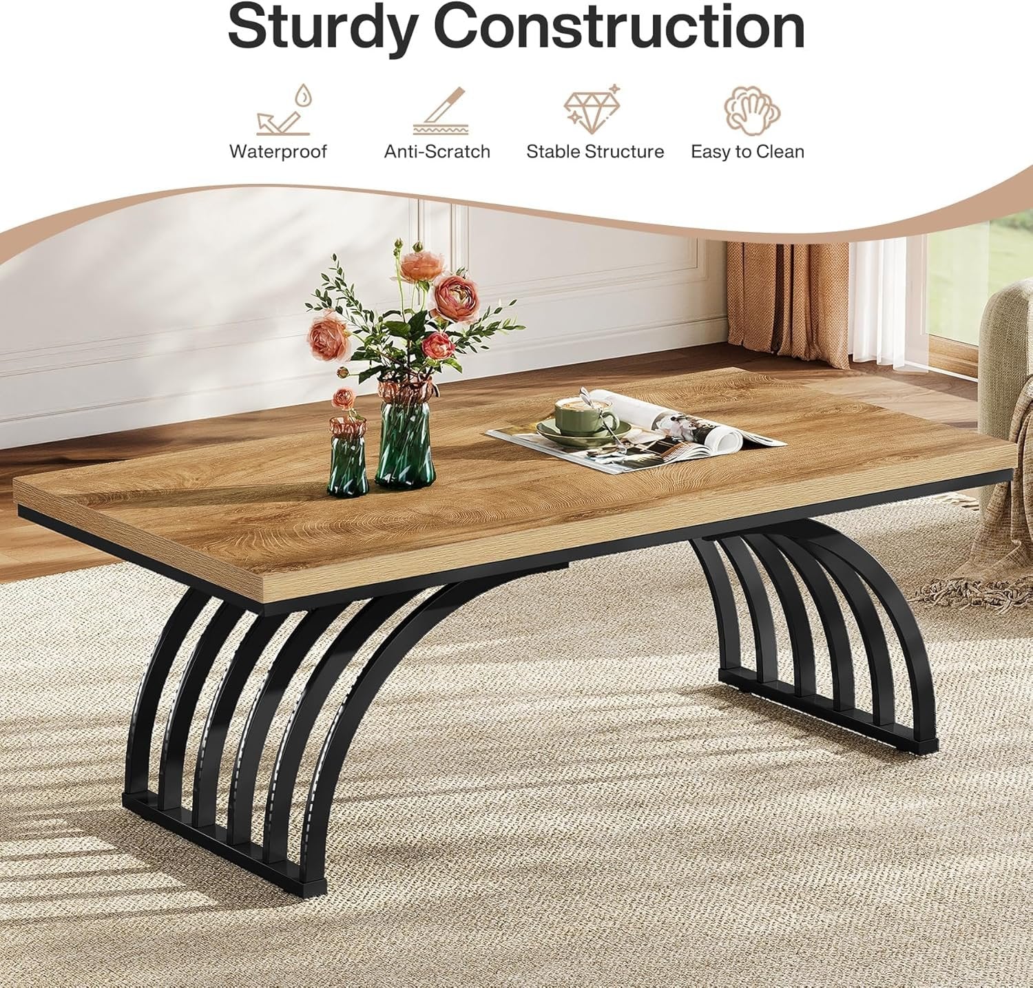 Tribesigns Mesa de centro de 120 cm, Mesa de centro industrial con patas metálicas Mesa auxiliar moderna de madera