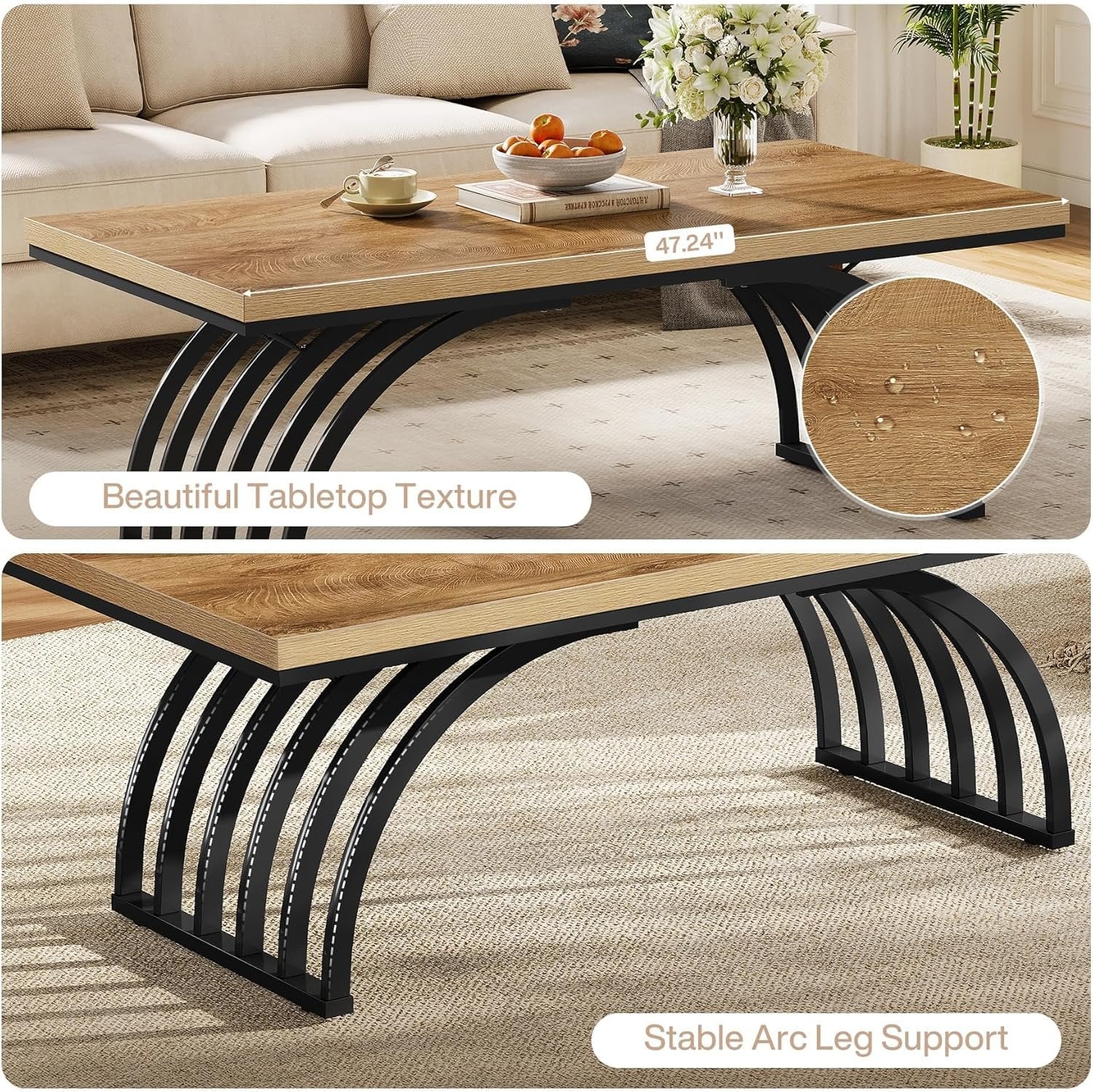 Tribesigns Mesa de centro de 120 cm, Mesa de centro industrial con patas metálicas Mesa auxiliar moderna de madera