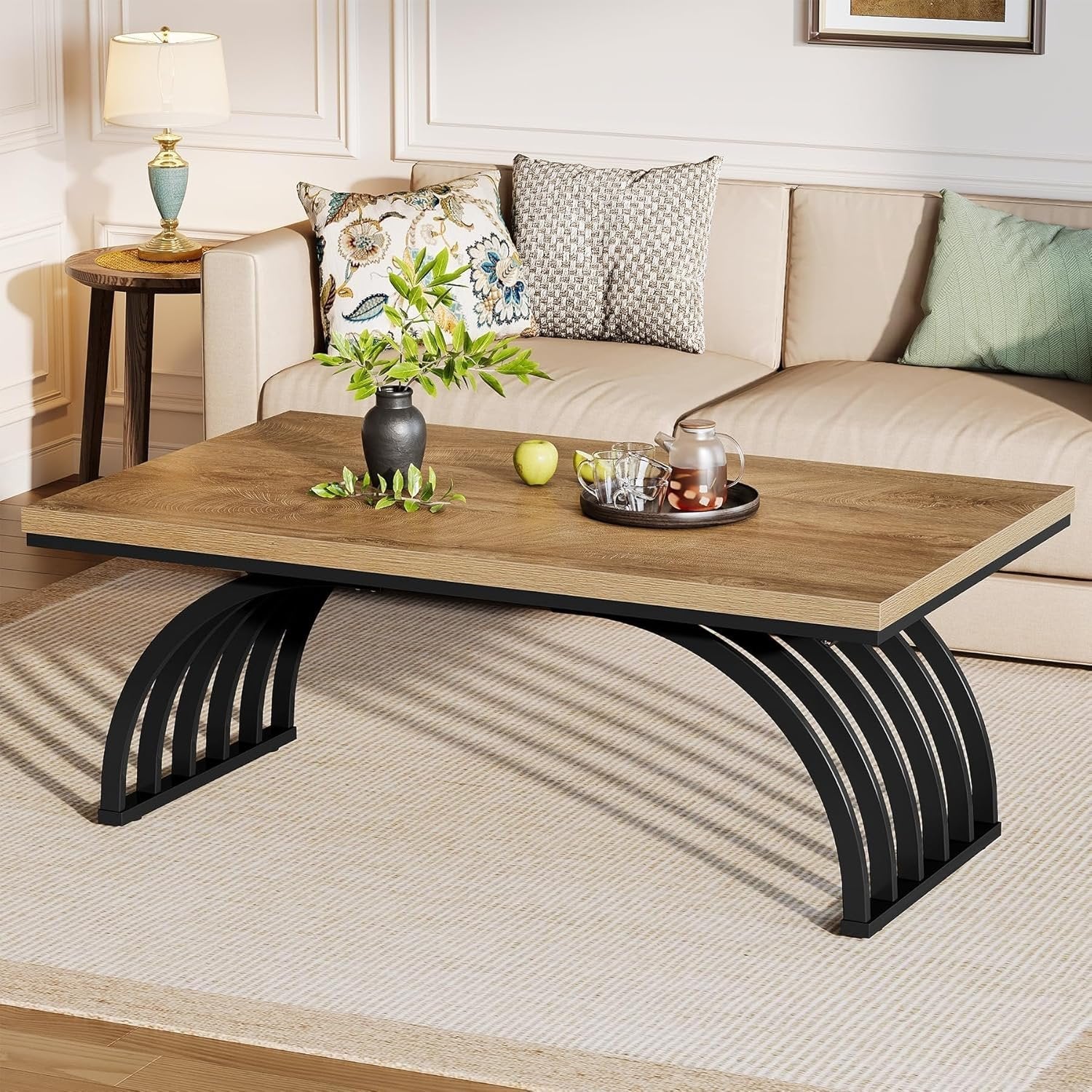 Tribesigns Mesa de centro de 120 cm, Mesa de centro industrial con patas metálicas Mesa auxiliar moderna de madera