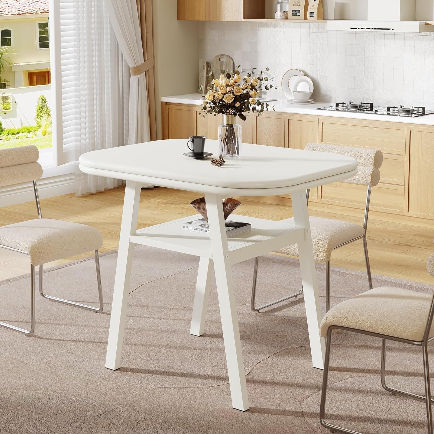 Tribesigns Mesa de comedor de 80 cm para 2-4 personas, Mesa de cocina moderna con almacenaje y estructura de metal en color blanco