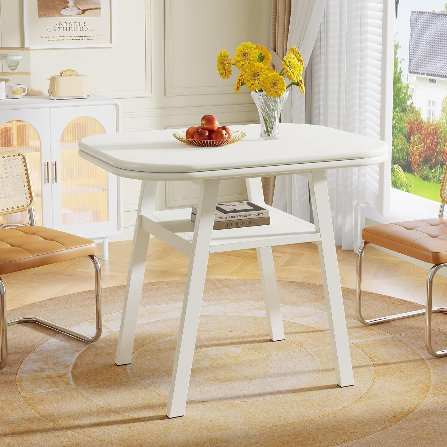 Tribesigns Mesa de comedor de 80 cm para 2-4 personas, Mesa de cocina moderna con almacenaje y estructura de metal en color blanco