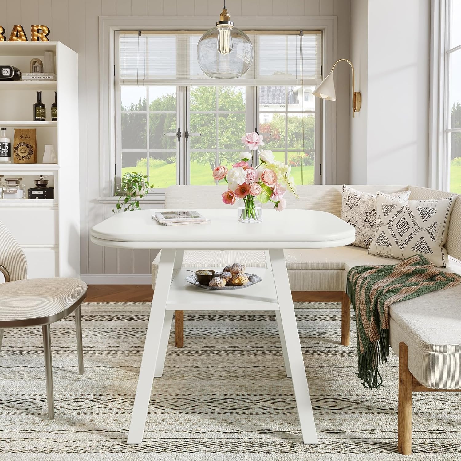 Tribesigns Mesa de comedor de 80 cm para 2-4 personas, Mesa de cocina moderna con almacenaje y estructura de metal en color blanco