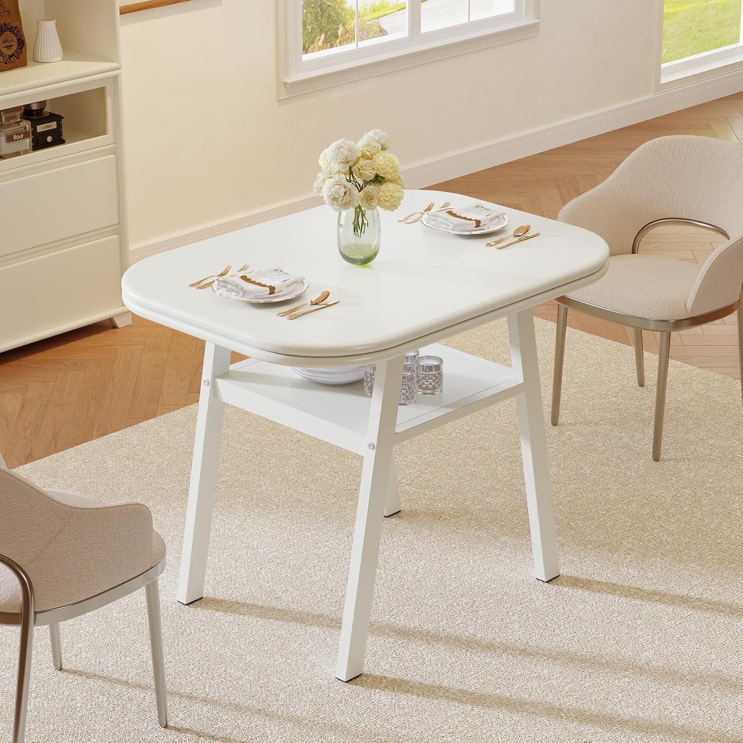 Tribesigns Mesa de comedor de 80 cm para 2-4 personas, Mesa de cocina moderna con almacenaje y estructura de metal en color blanco
