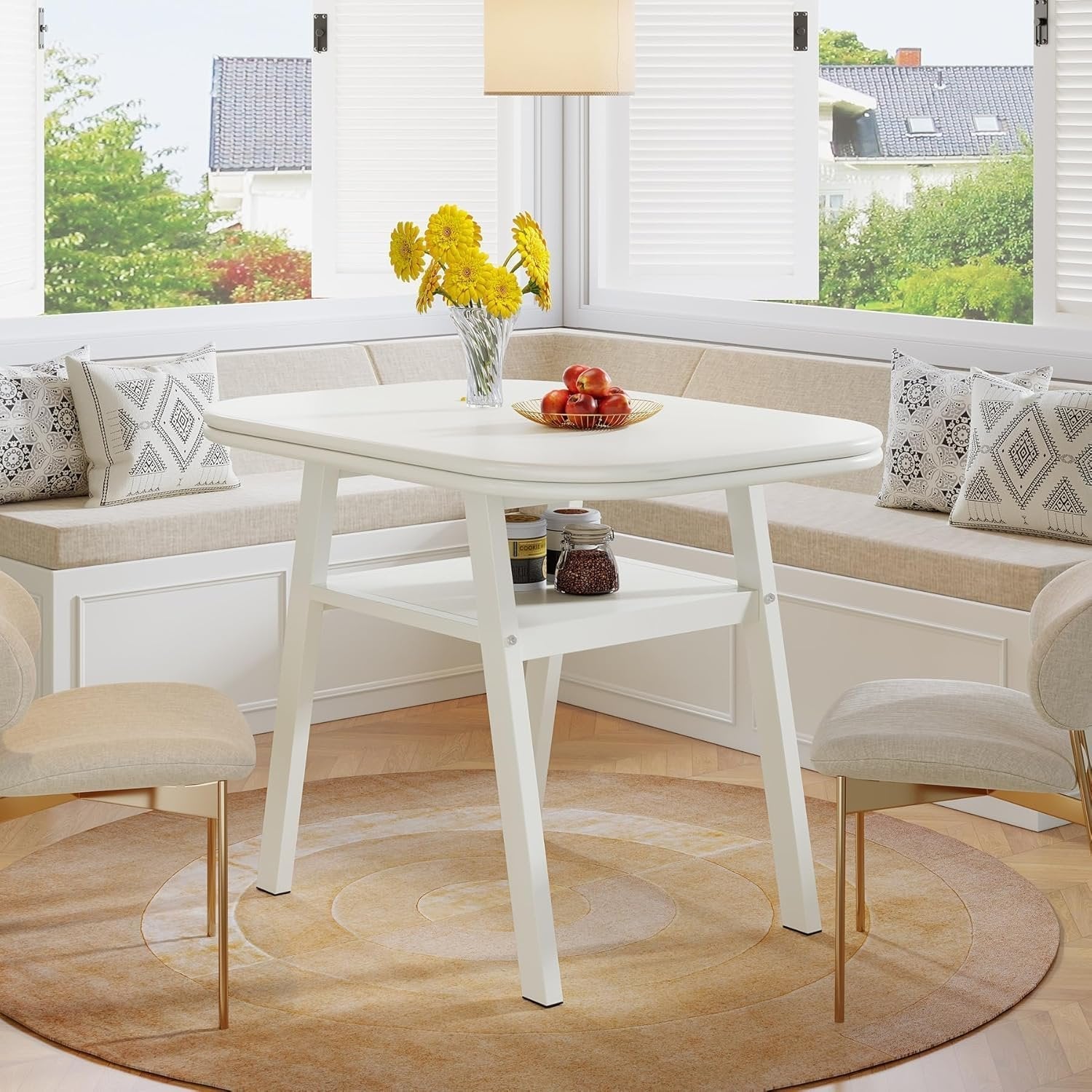 Tribesigns Mesa de comedor de 80 cm para 2-4 personas, Mesa de cocina moderna con almacenaje y estructura de metal en color blanco