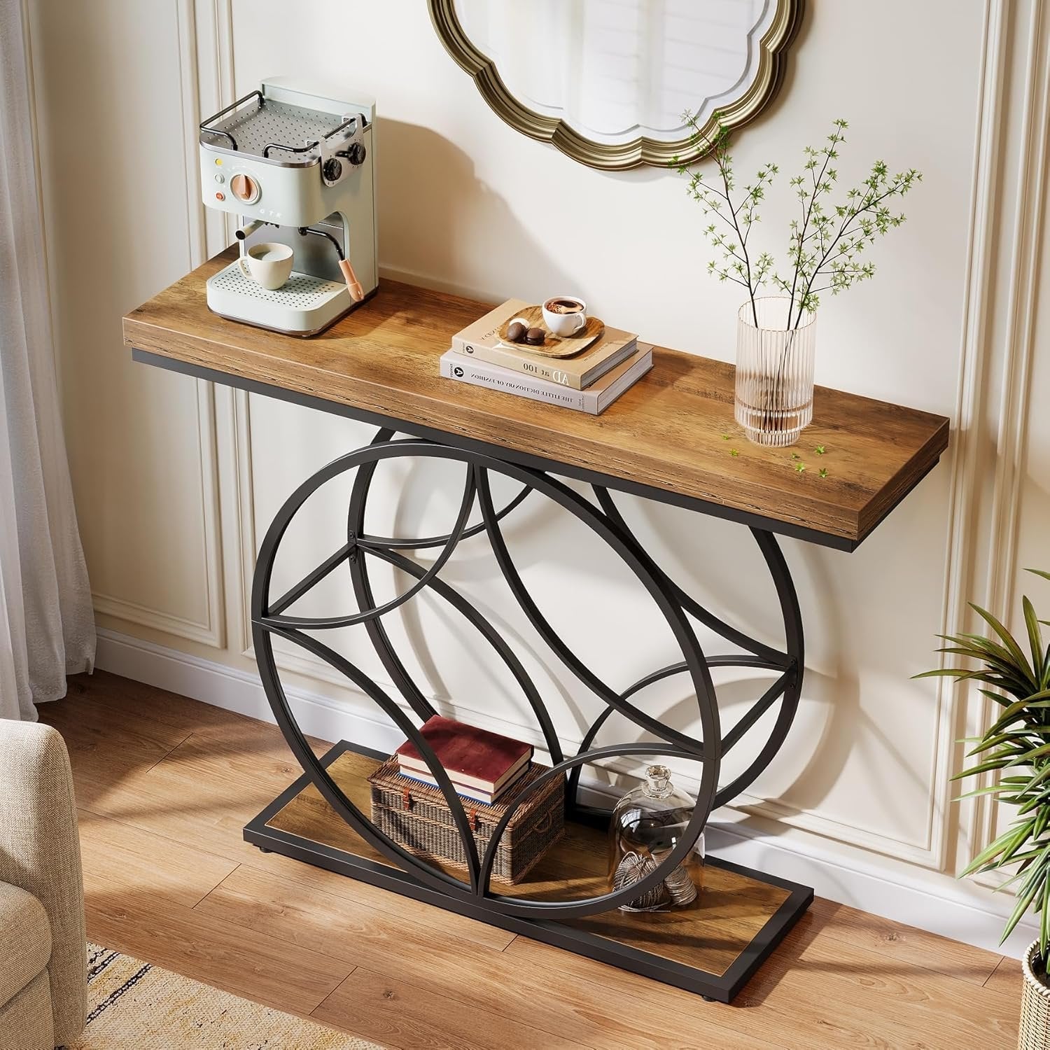 Tribesigns Mesa consola de 120 cm, Mesa de sofá industrial de 2 niveles con marco geométrico de metal