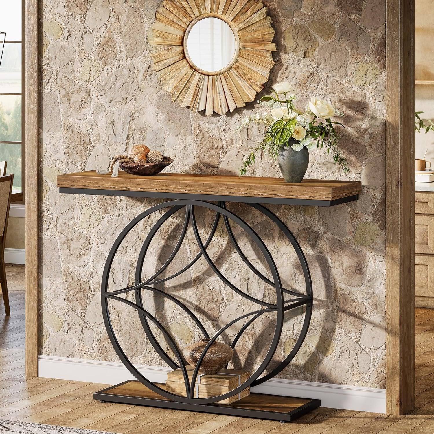 Tribesigns Mesa consola de 120 cm, Mesa de sofá industrial de 2 niveles con marco geométrico de metal