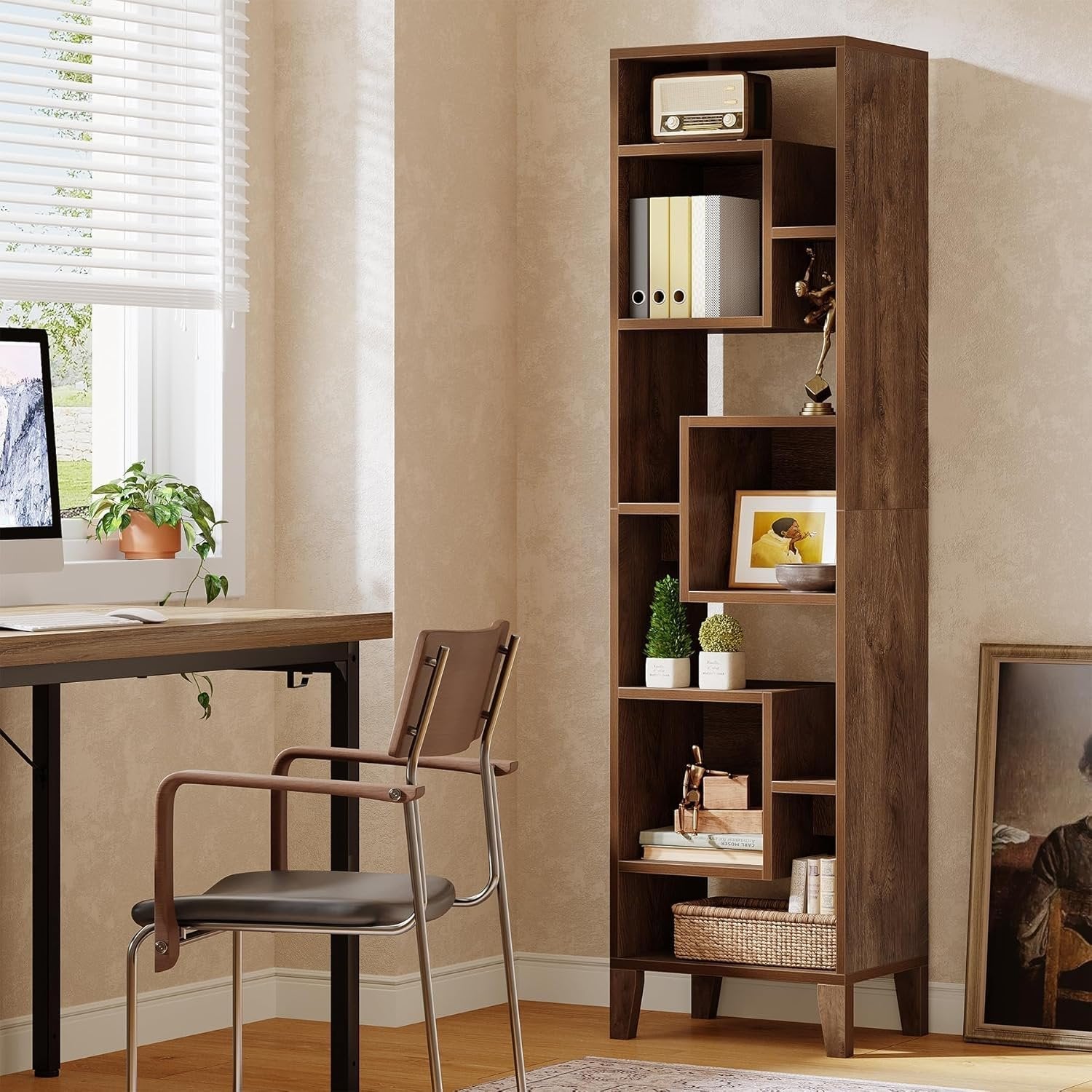 Tribesigns Estantería esquinera de 180 cm de alto, Estantería de almacenamiento Estantería de madera desplazada