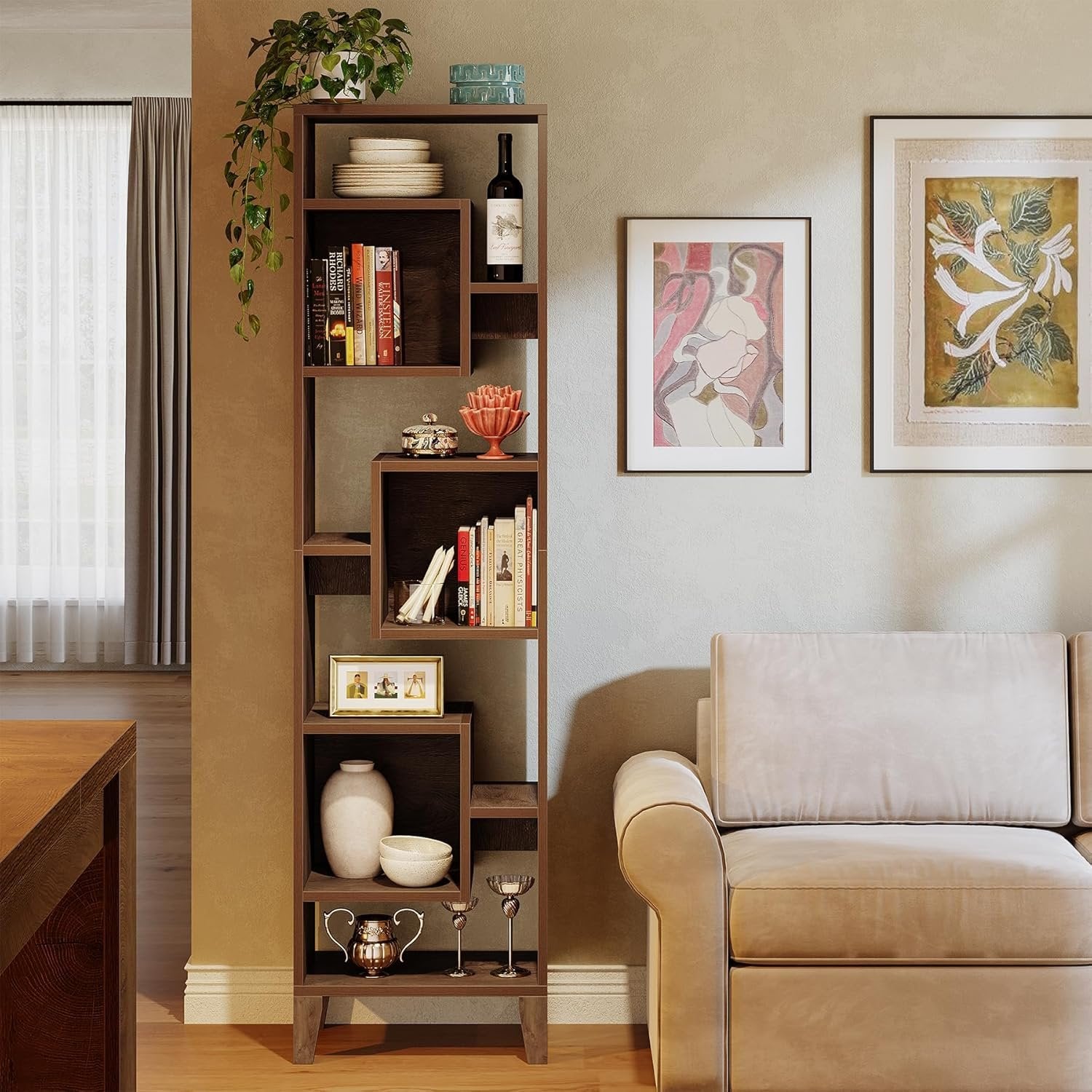 Tribesigns Estantería esquinera de 180 cm de alto, Estantería de almacenamiento Estantería de madera desplazada