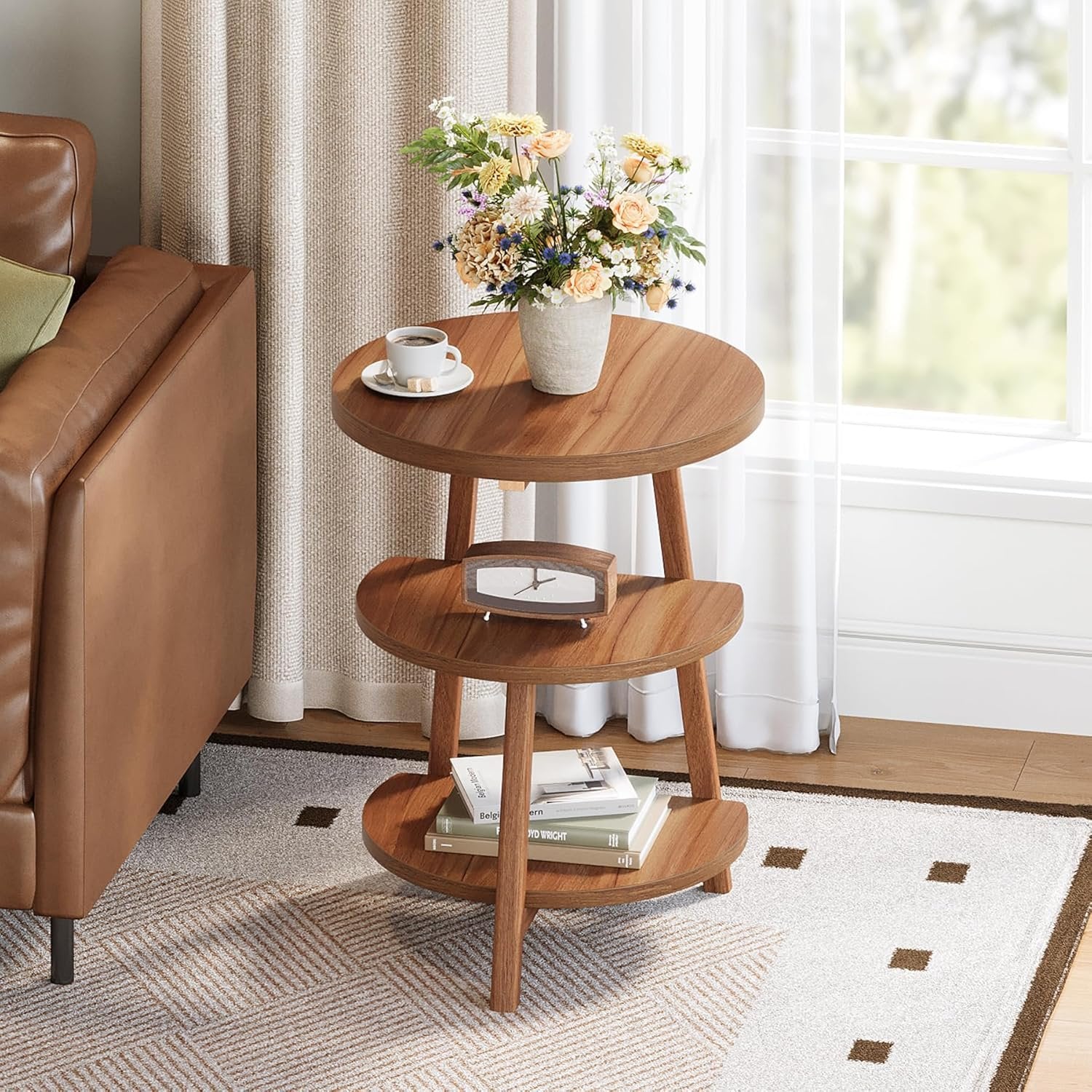 Tribesigns Mesa Auxiliar Sofa Redonda con Estructura de Madera 3 Niveles Mesa Auxiliar Salon
