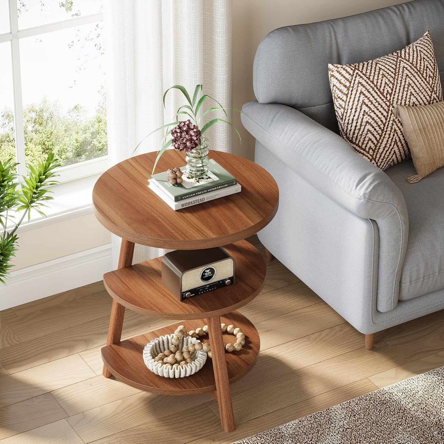 Tribesigns Mesa Auxiliar Sofa Redonda con Estructura de Madera 3 Niveles Mesa Auxiliar Salon