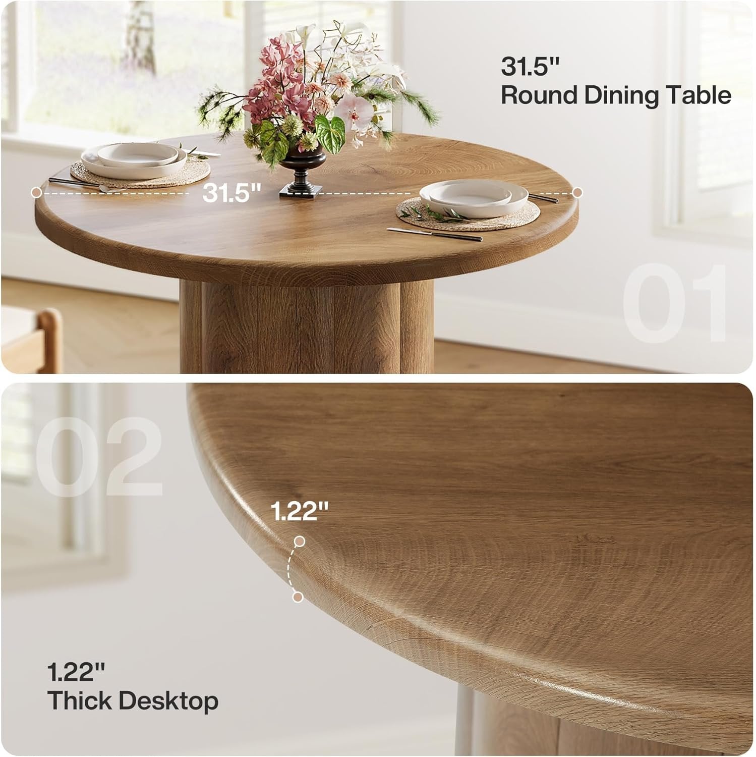 Tribesigns Mesa de comedor redonda de 80 cm para 2-4 personas, Mesa de cocina con base estable en color marrón