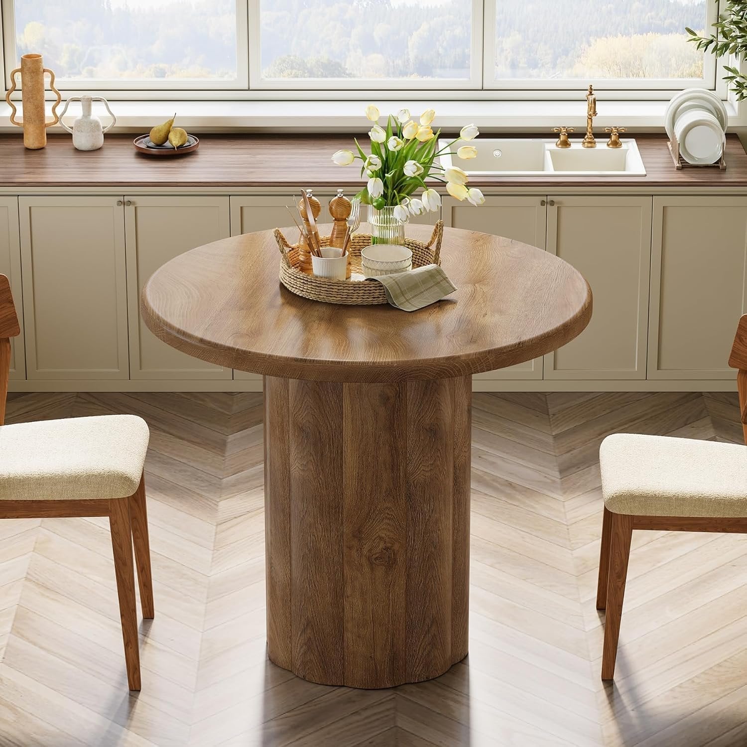 Tribesigns Mesa de comedor redonda de 80 cm para 2-4 personas, Mesa de cocina con base estable en color marrón