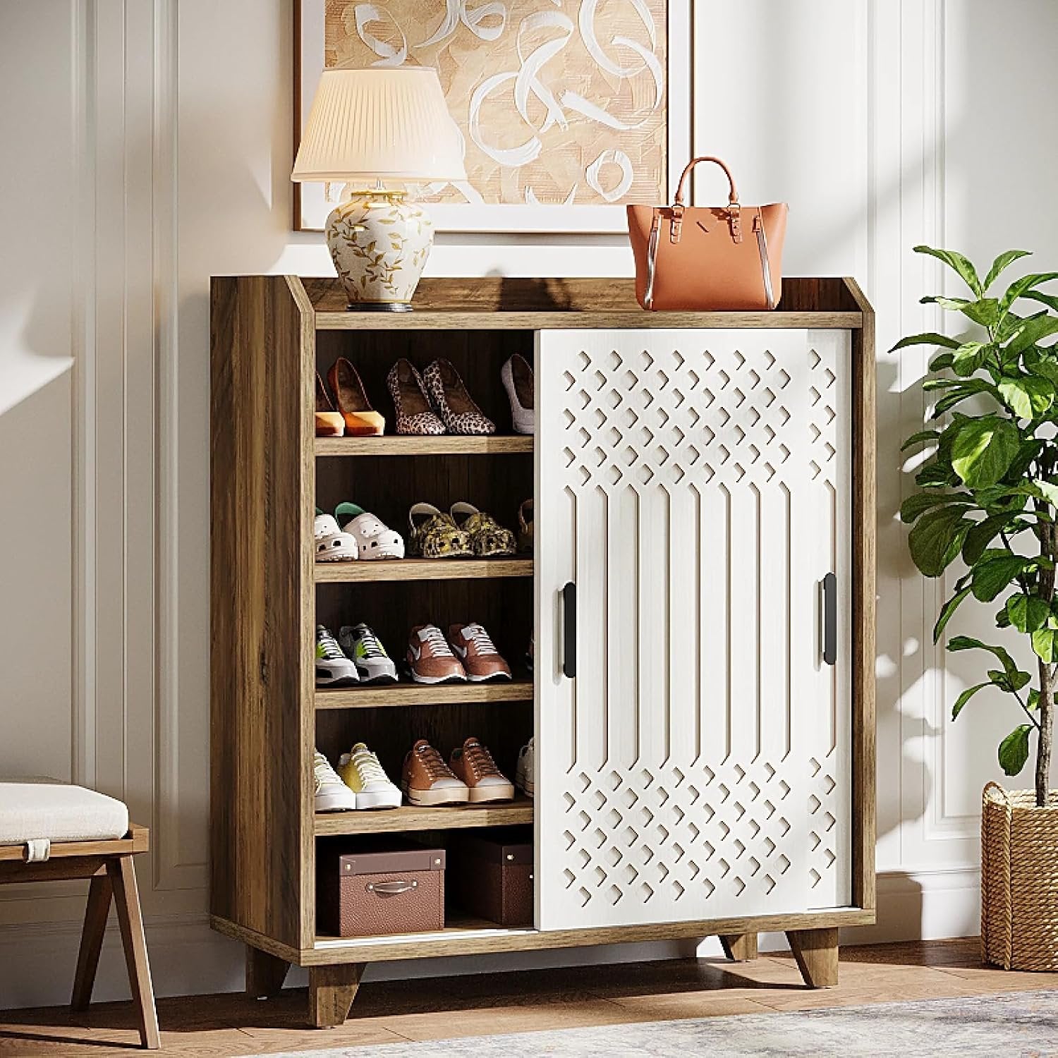 Tribesigns Zapatero de madera con puertas correderas, Moderno organizador de zapatos para la entrada