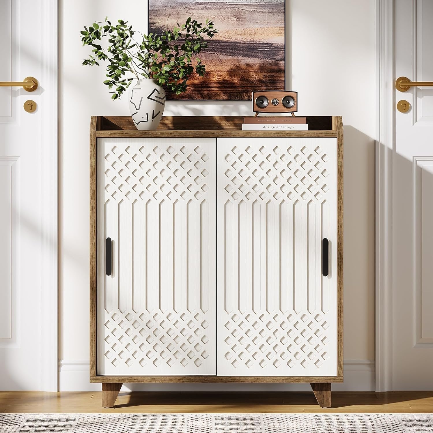 Tribesigns Zapatero de madera con puertas correderas, Moderno organizador de zapatos para la entrada