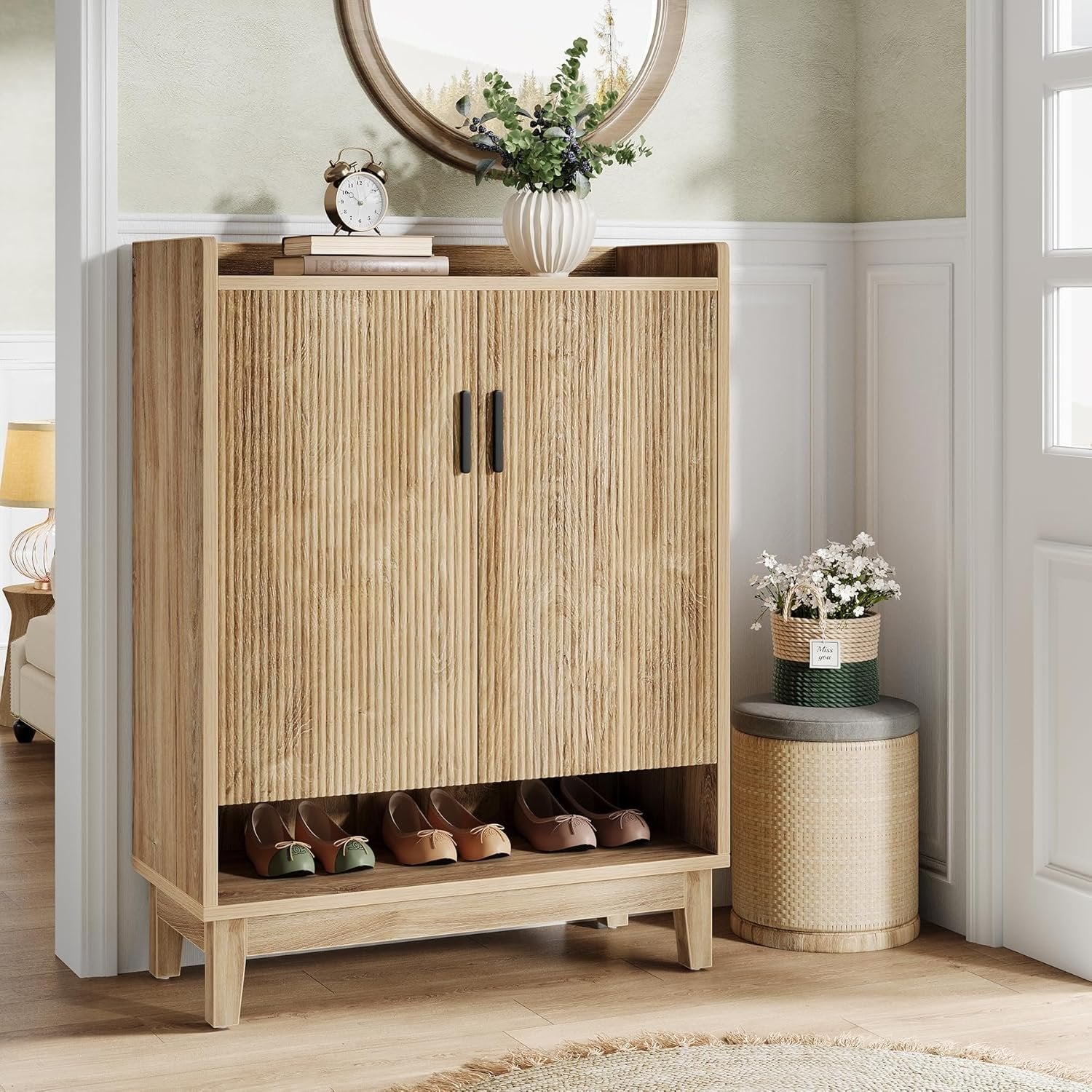 Tribesigns Zapatero con puertas, Zapatero rústico para 20 pares en madera natural
