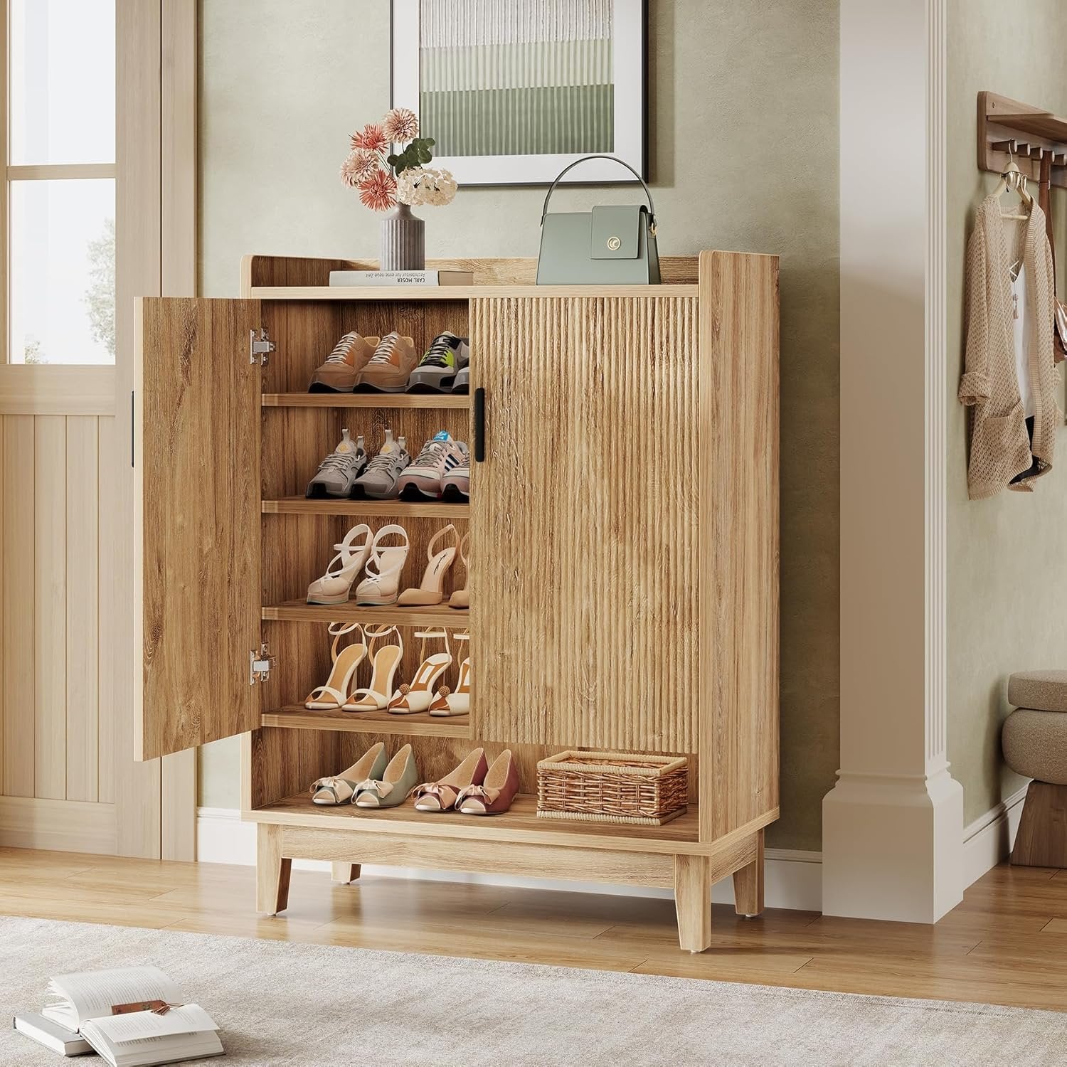 Tribesigns Zapatero con puertas, Zapatero rústico para 20 pares en madera natural