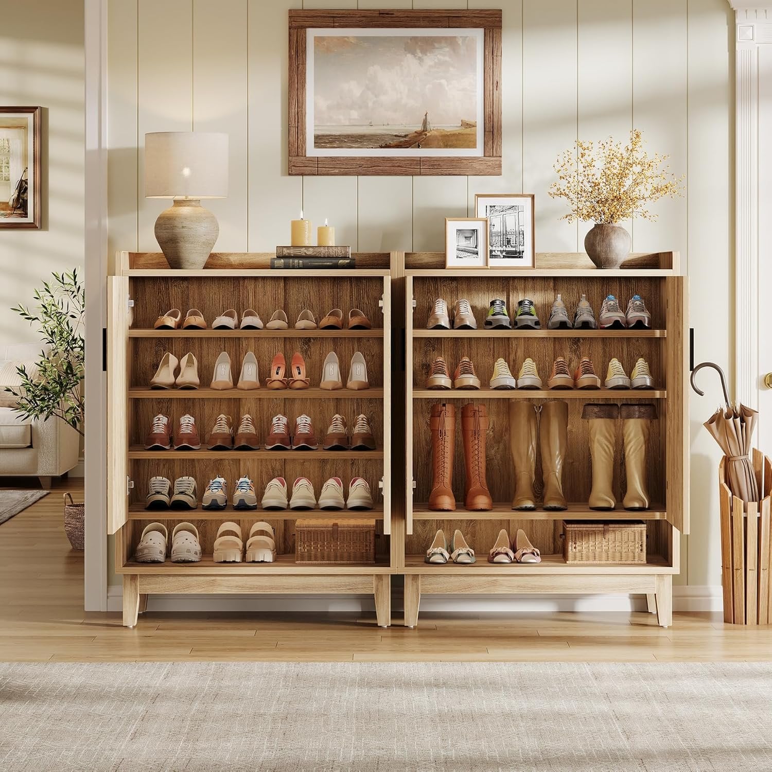 Tribesigns Zapatero con puertas, Zapatero rústico para 20 pares en madera natural